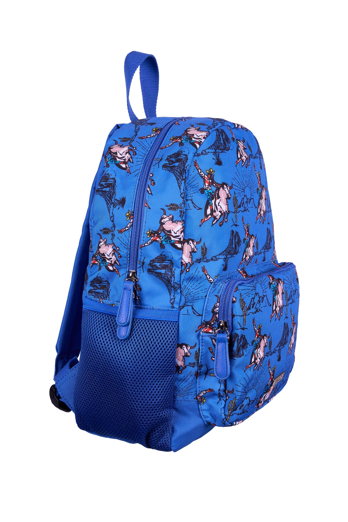 A blue backpack with an allover cartoon character print and a solid blue mesh pocket on the lower front, shown against a plain white background.