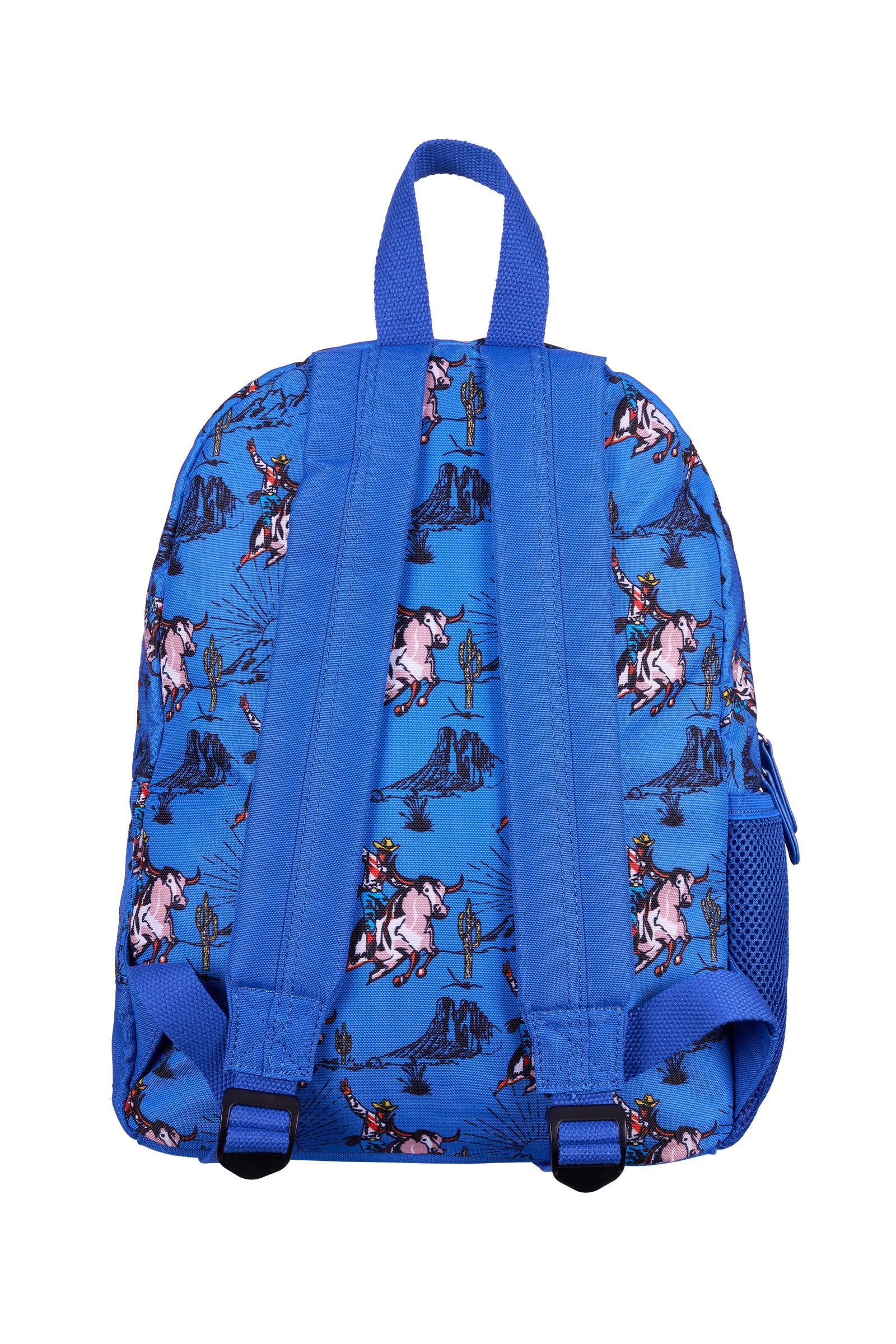 A blue backpack featuring a repeating pattern of cartoon characters riding horses and standing on cactus dunes, shown against a plain white background.