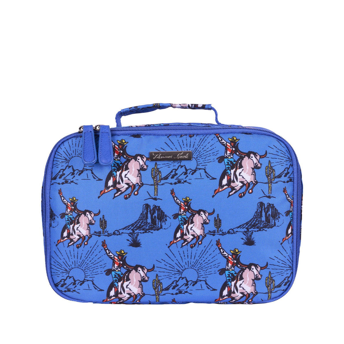 A blue zippered lunch bag with a western-themed print of cowboy riders on white horses, cacti, and sunsets, featuring a top carry handle and a small gold-tone brand plaque.