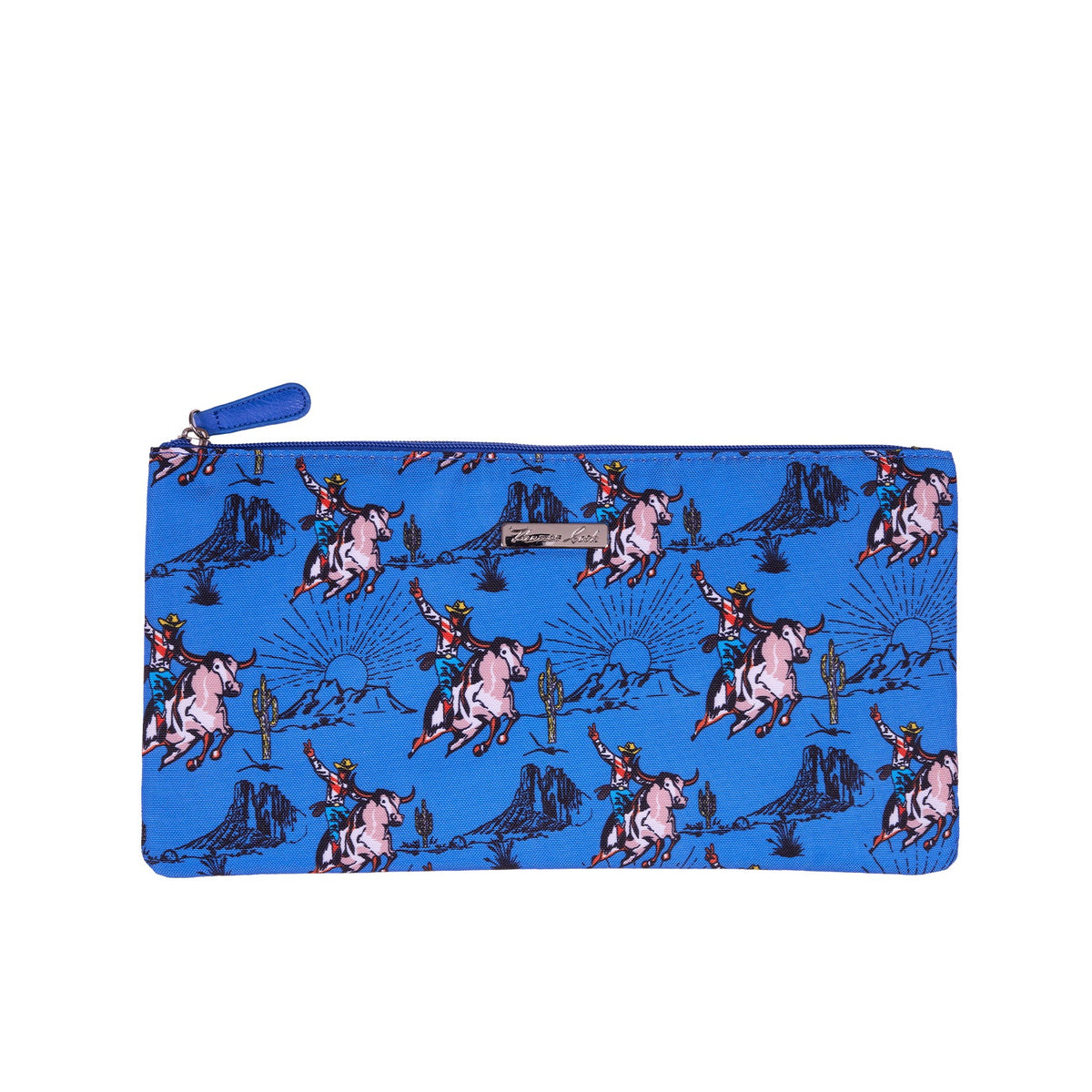 A blue zippered pouch featuring an all-over cartoon print of pink and white horses with dark blue riders and scenery, shown against a plain white background.