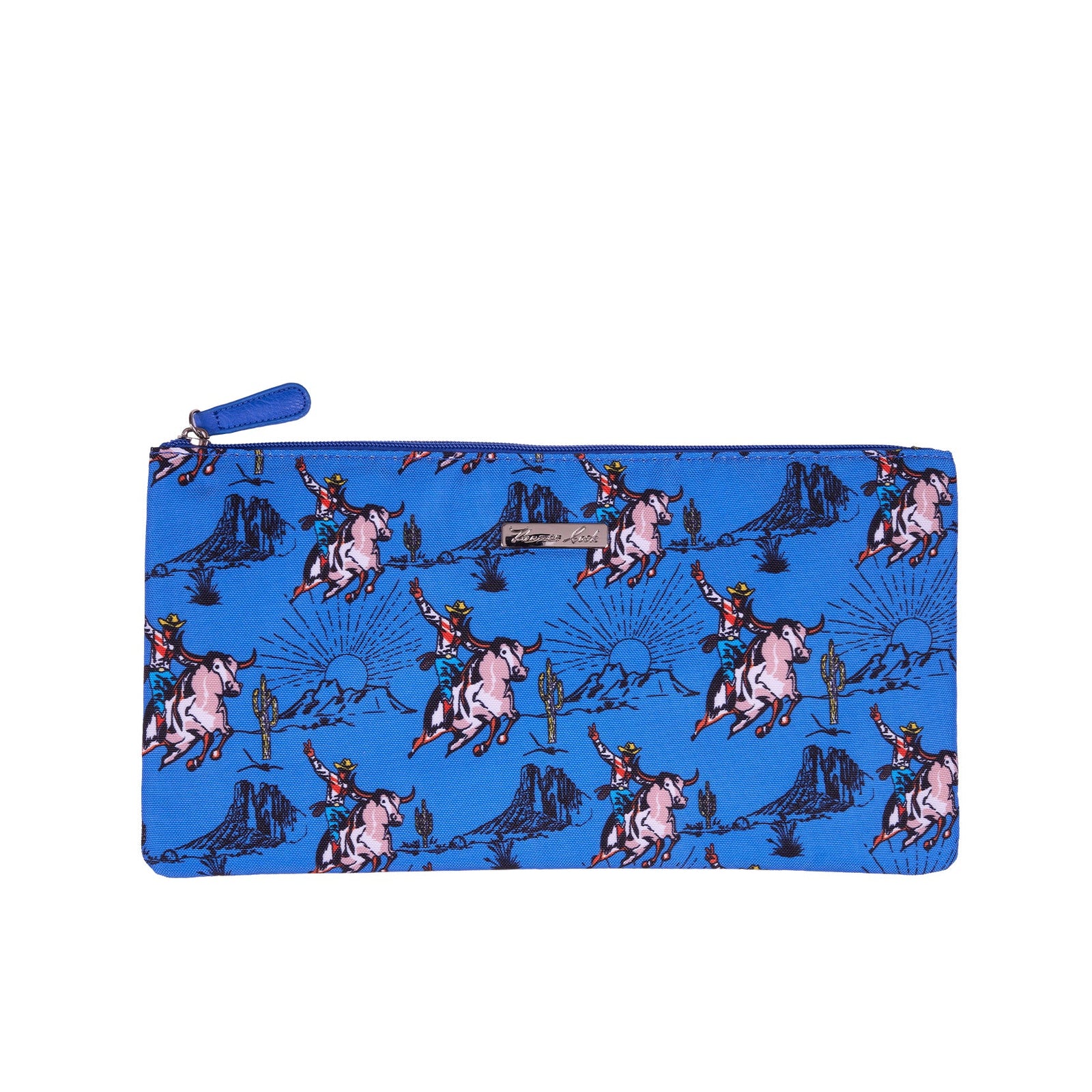 A blue zippered pouch featuring an all-over cartoon print of pink and white horses with dark blue riders and scenery, shown against a plain white background.
