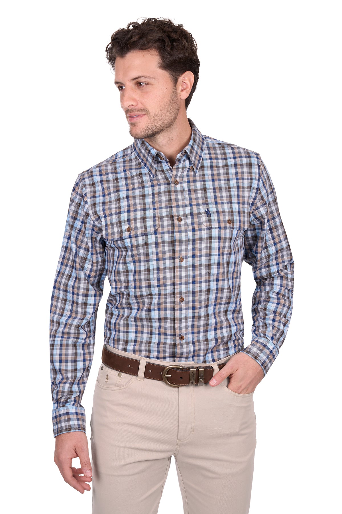 Man wearing a blue and brown checkered shirt with beige pants on a white background