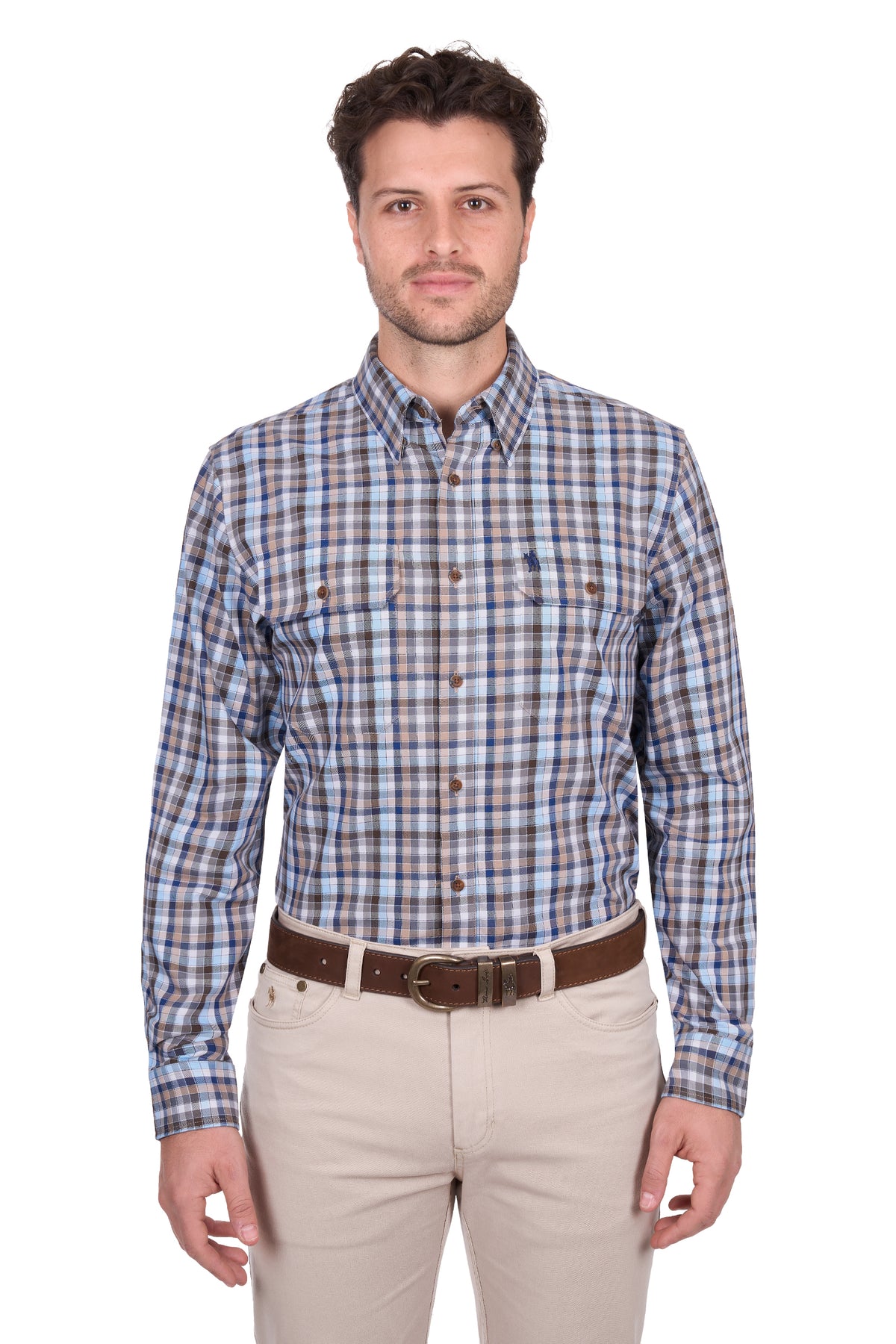 Man wearing a plaid shirt and beige pants on a white background