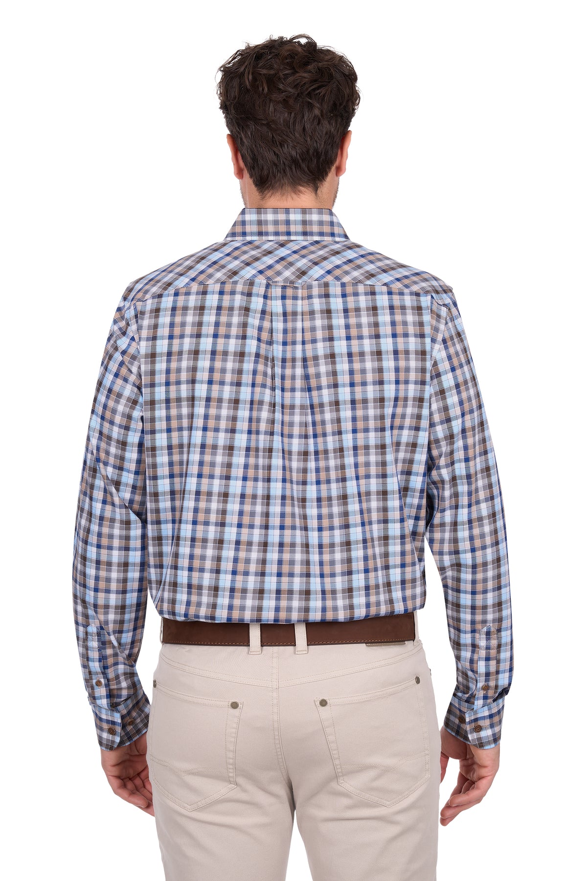 Man wearing a plaid shirt and beige pants on a white background