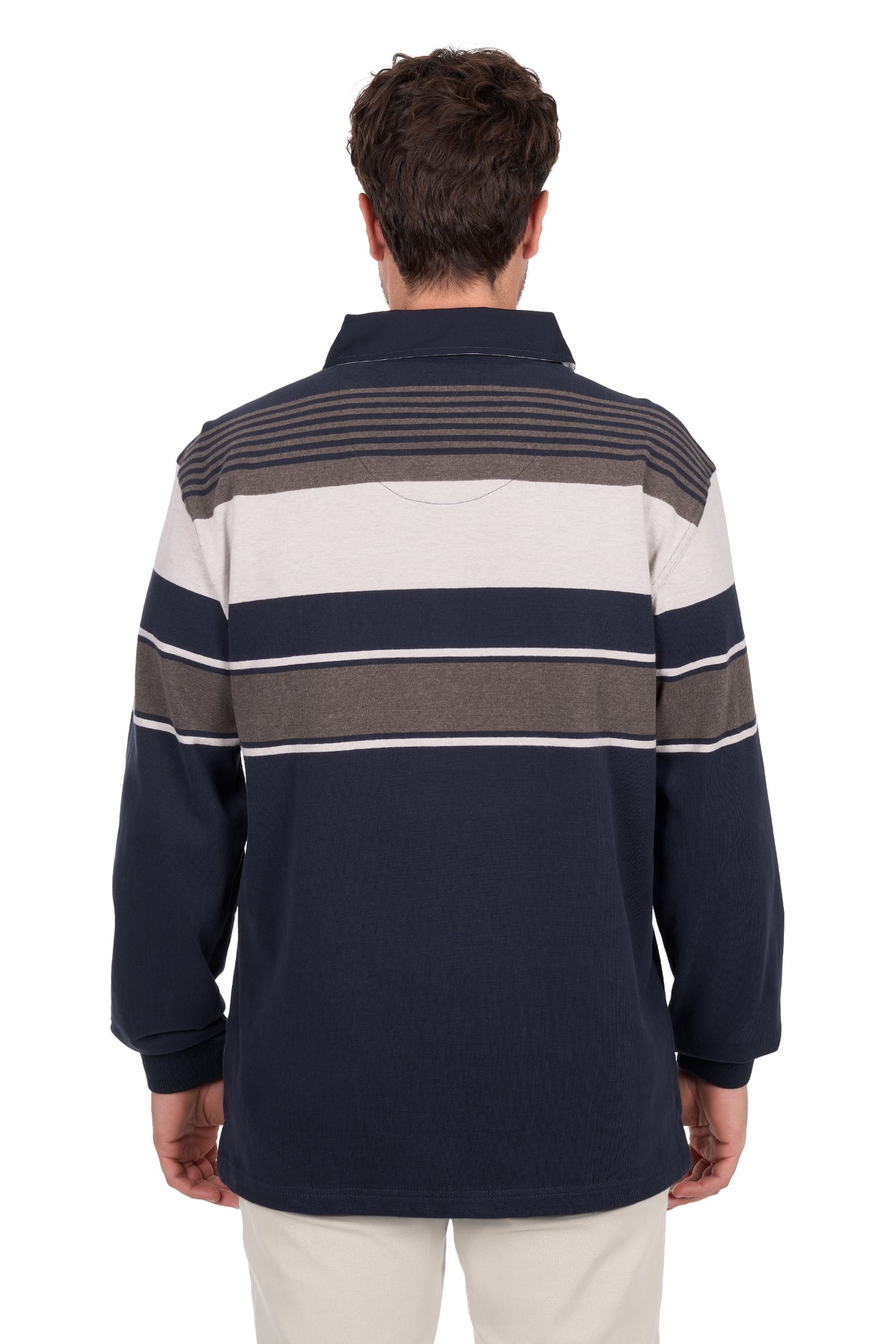 Man wearing a striped shirt with a white background