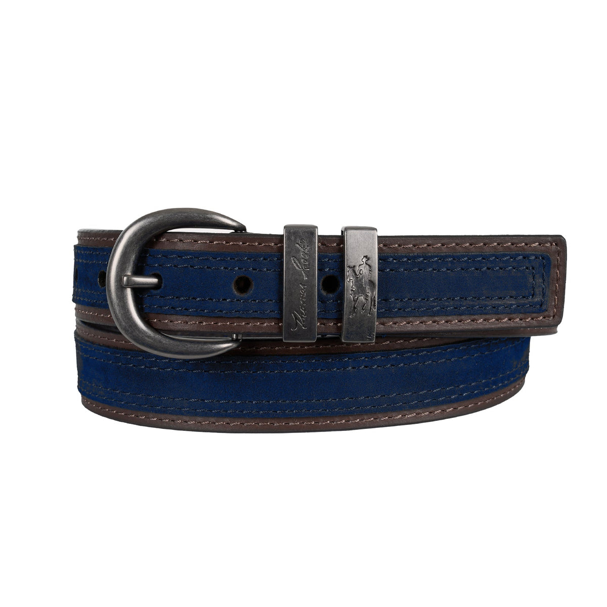 Navy and brown belt on a white background
