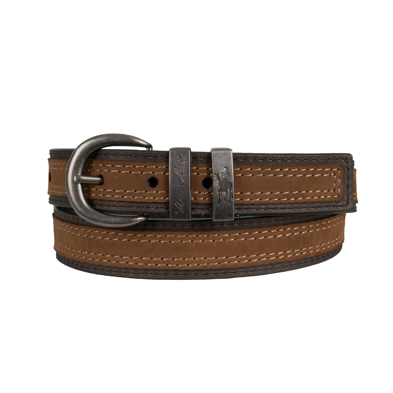 Brown leather belt with a silver buckle on a white background