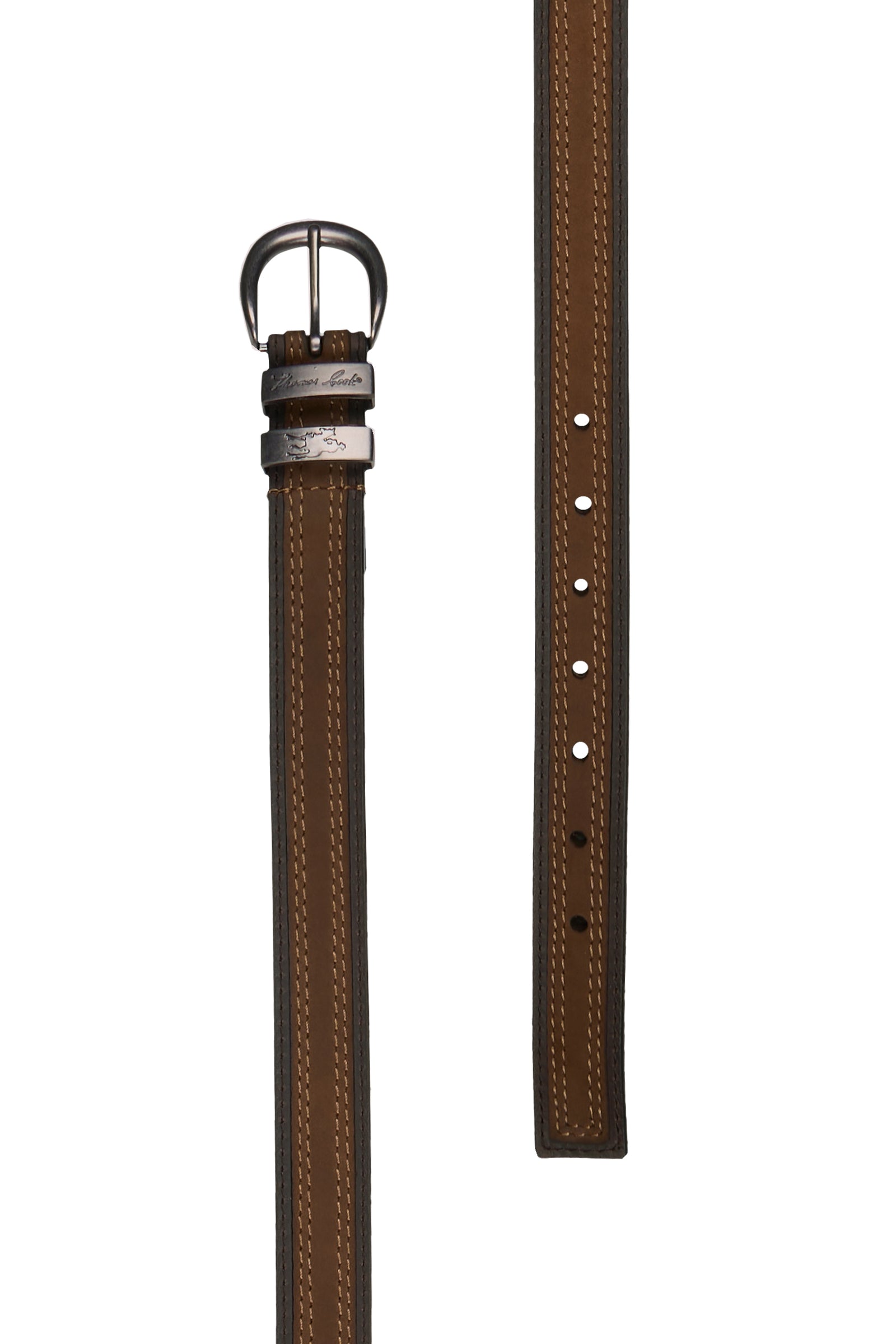 Brown leather belt with a silver buckle on a white background