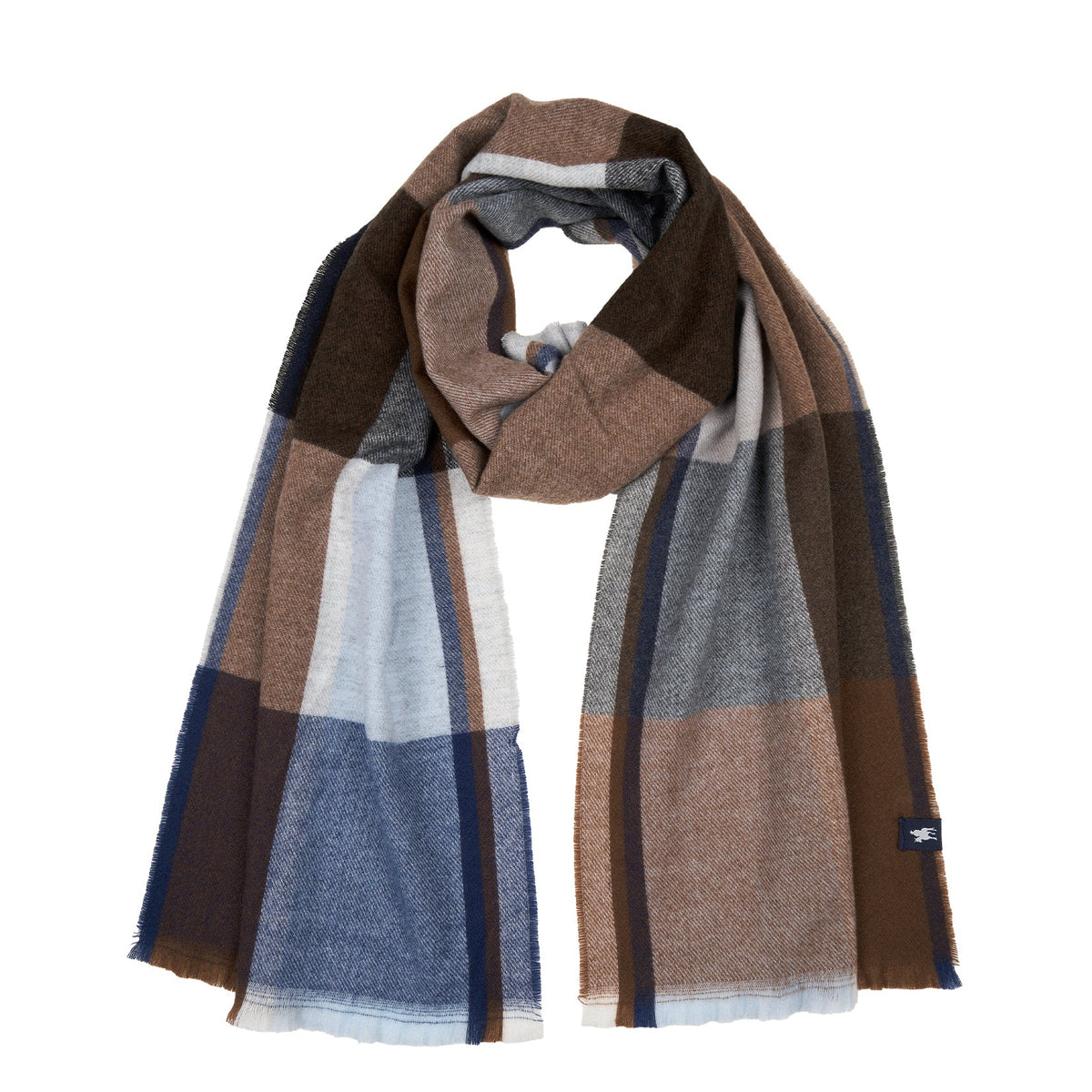 Plaid scarf with brown, blue, and beige colors on a white background