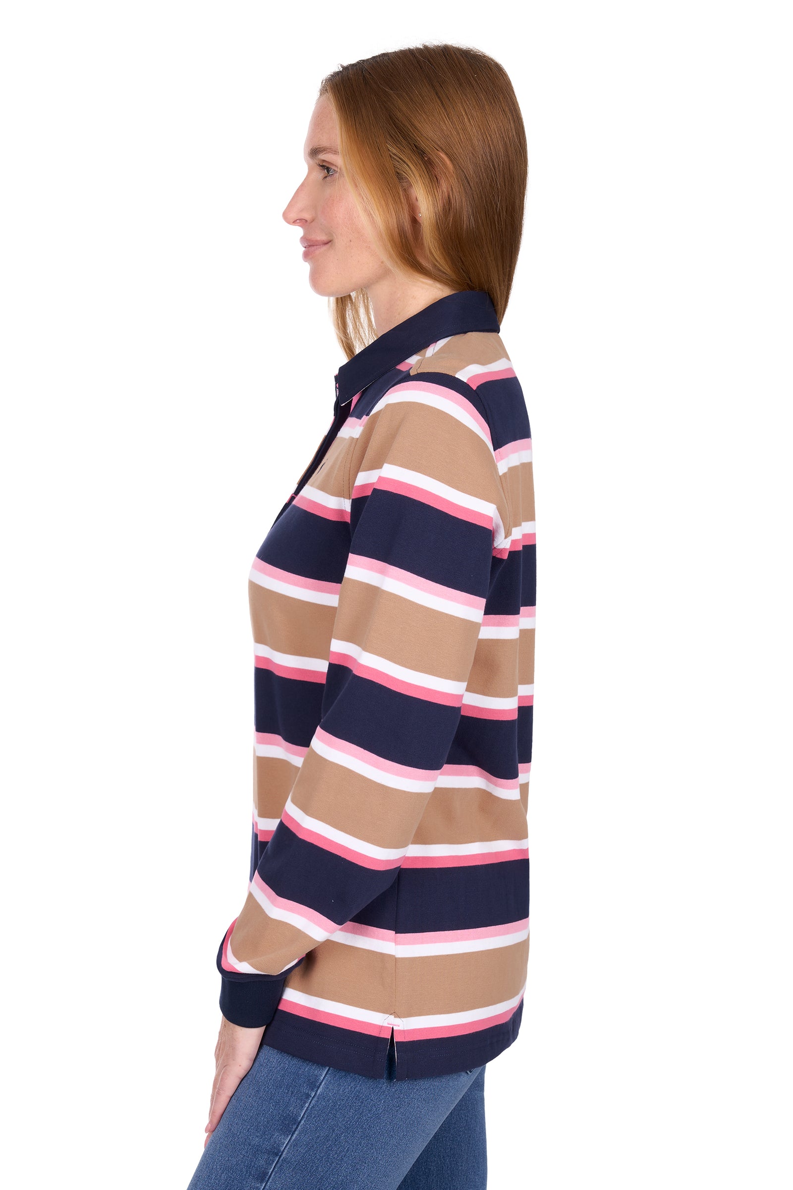 Woman wearing a striped long-sleeve shirt with a visible brand logo on a white background