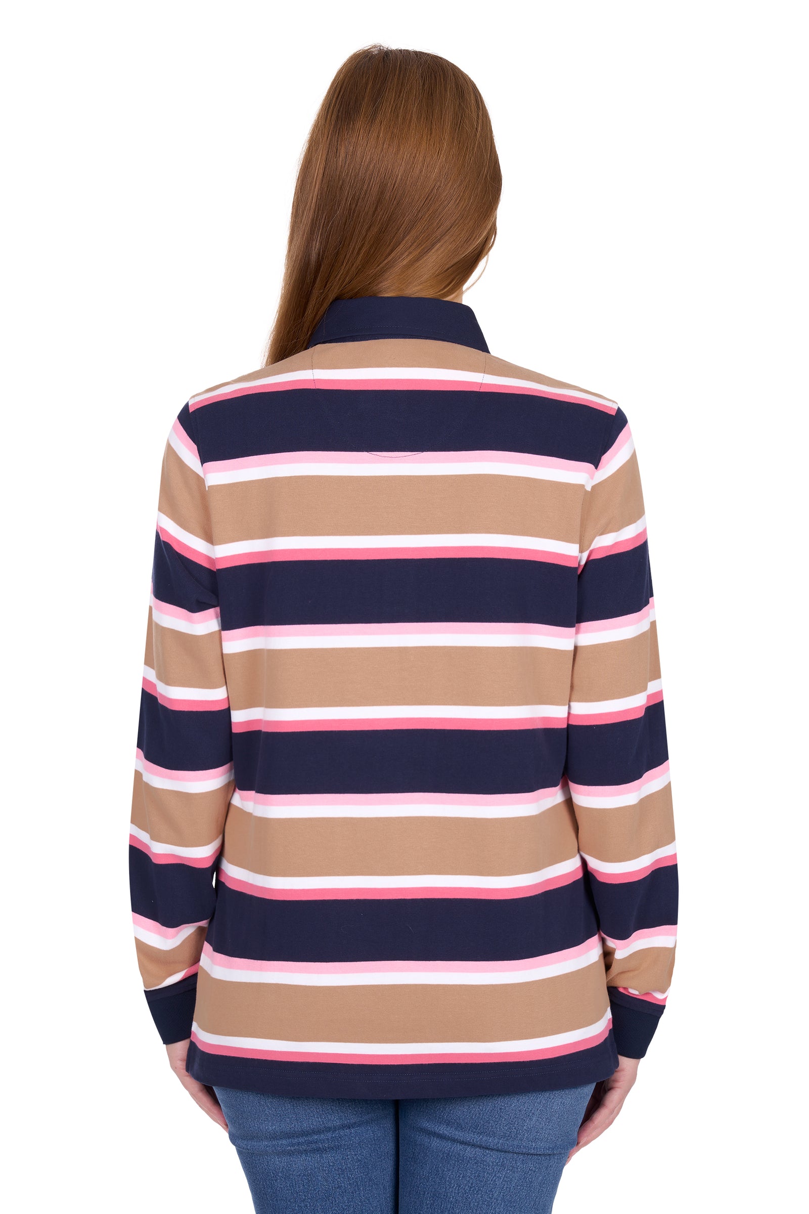 Woman wearing a striped shirt with a white background