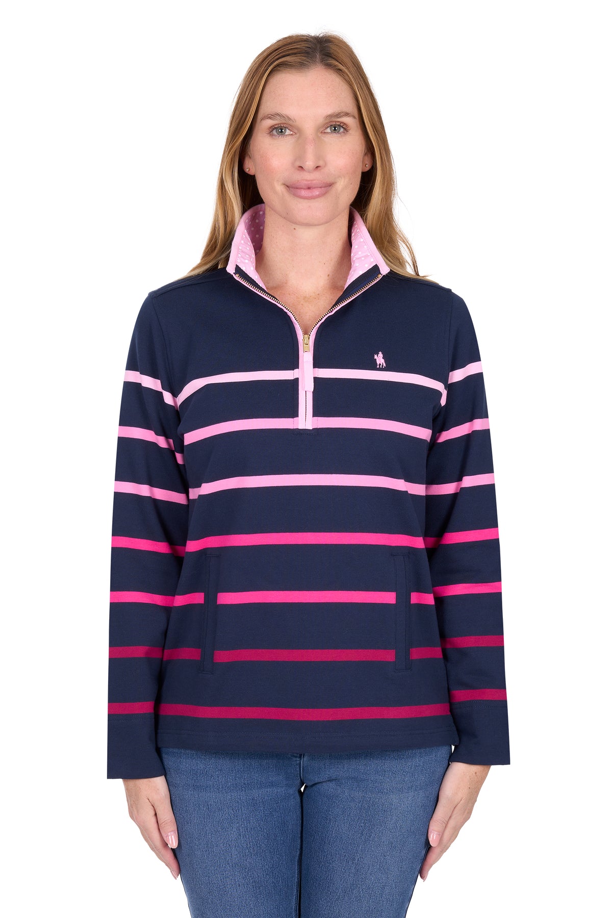 Woman wearing a navy and pink striped sweater with a logo on a white background