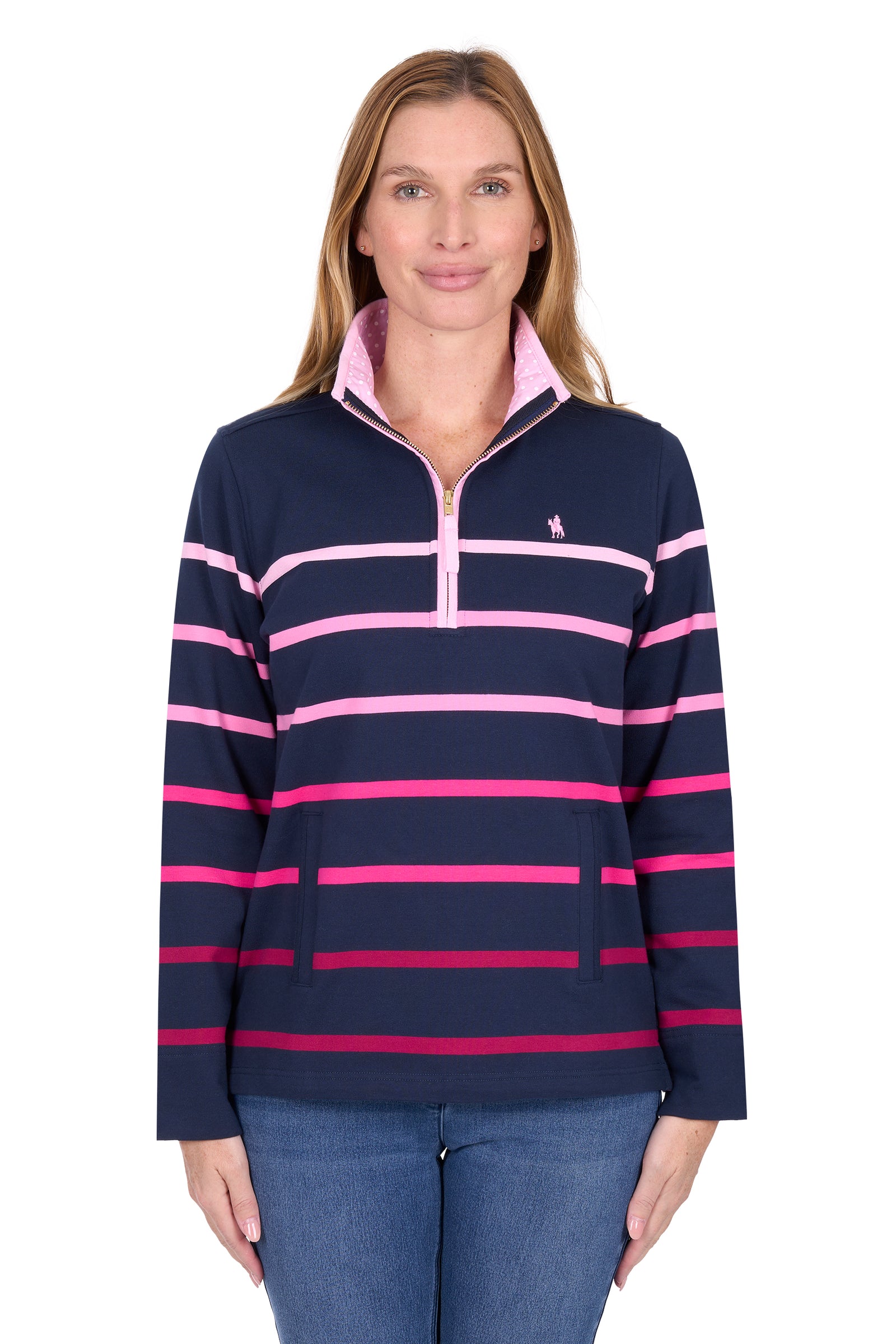 Woman wearing a navy and pink striped sweater with a logo on a white background