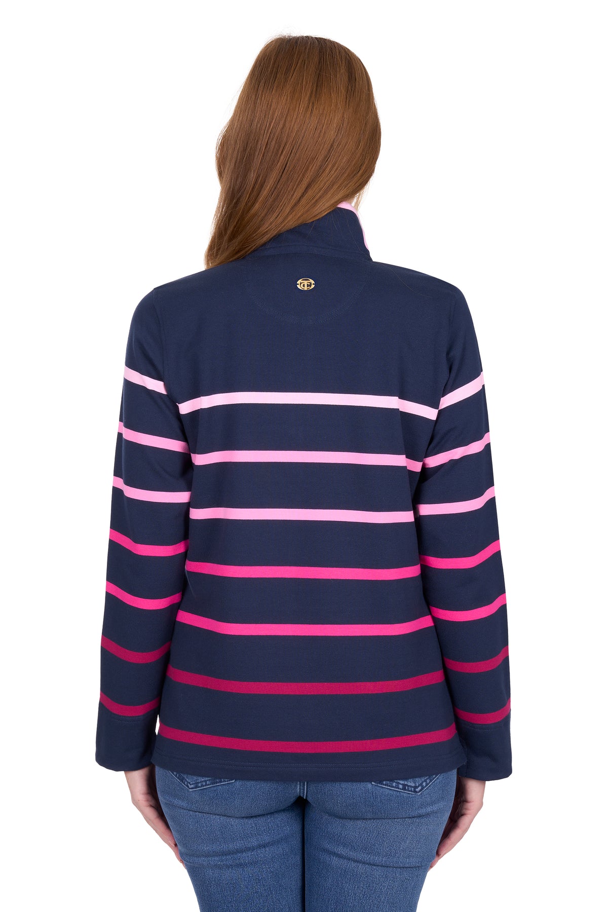 Navy and pink striped jacket worn by a person on a white background
