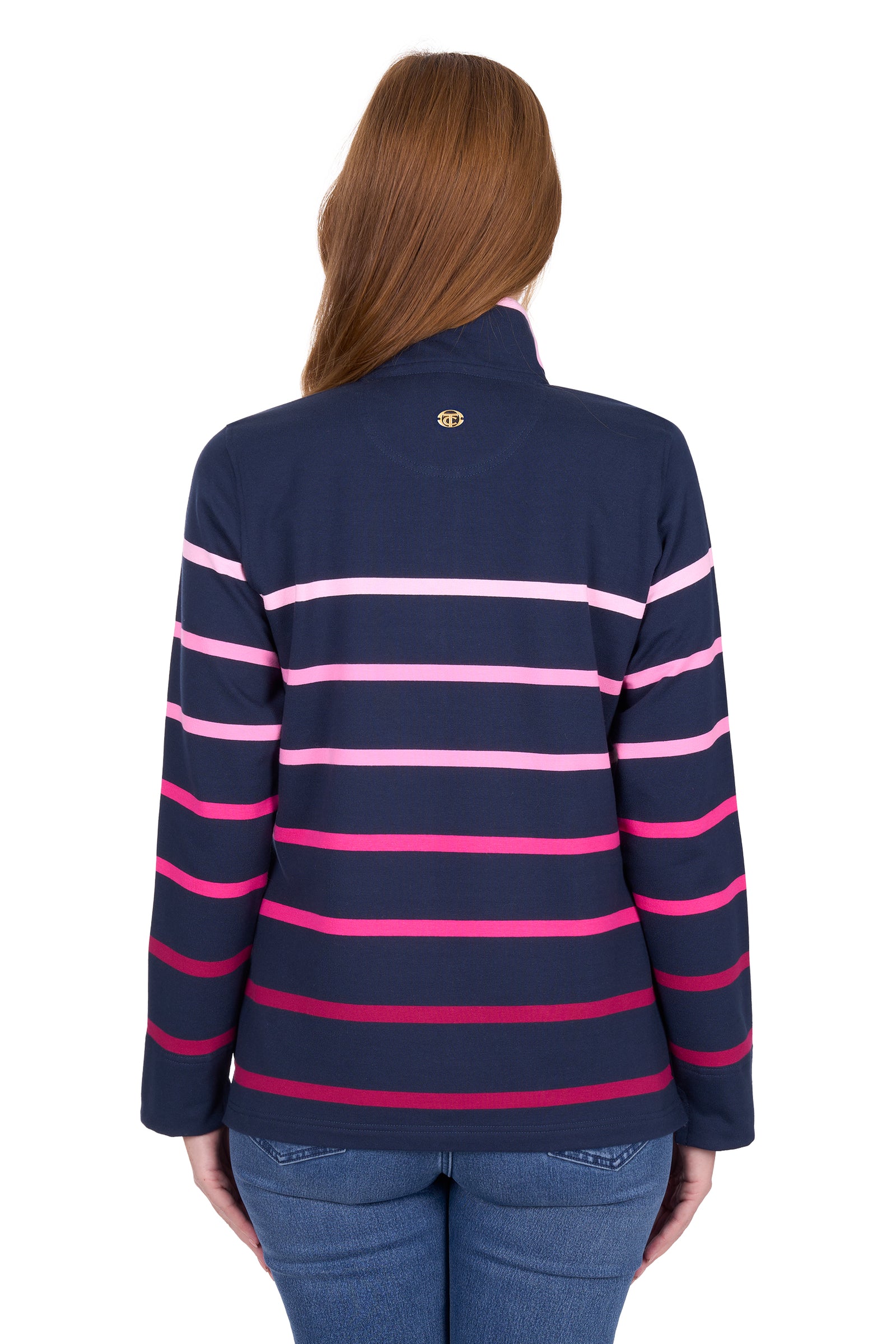 Navy and pink striped jacket worn by a person on a white background