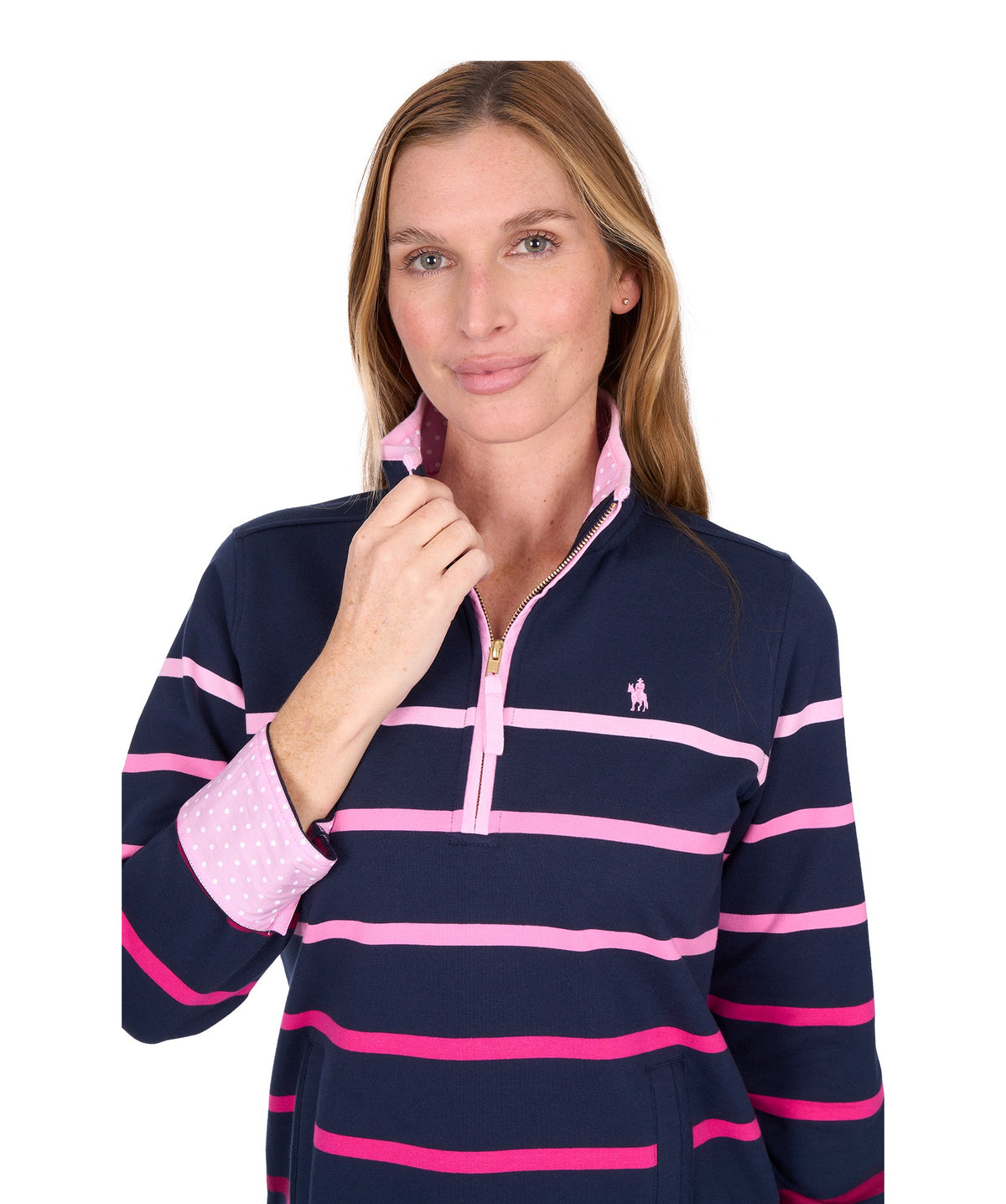 Woman wearing a navy and pink striped shirt with a visible brand logo on a white background