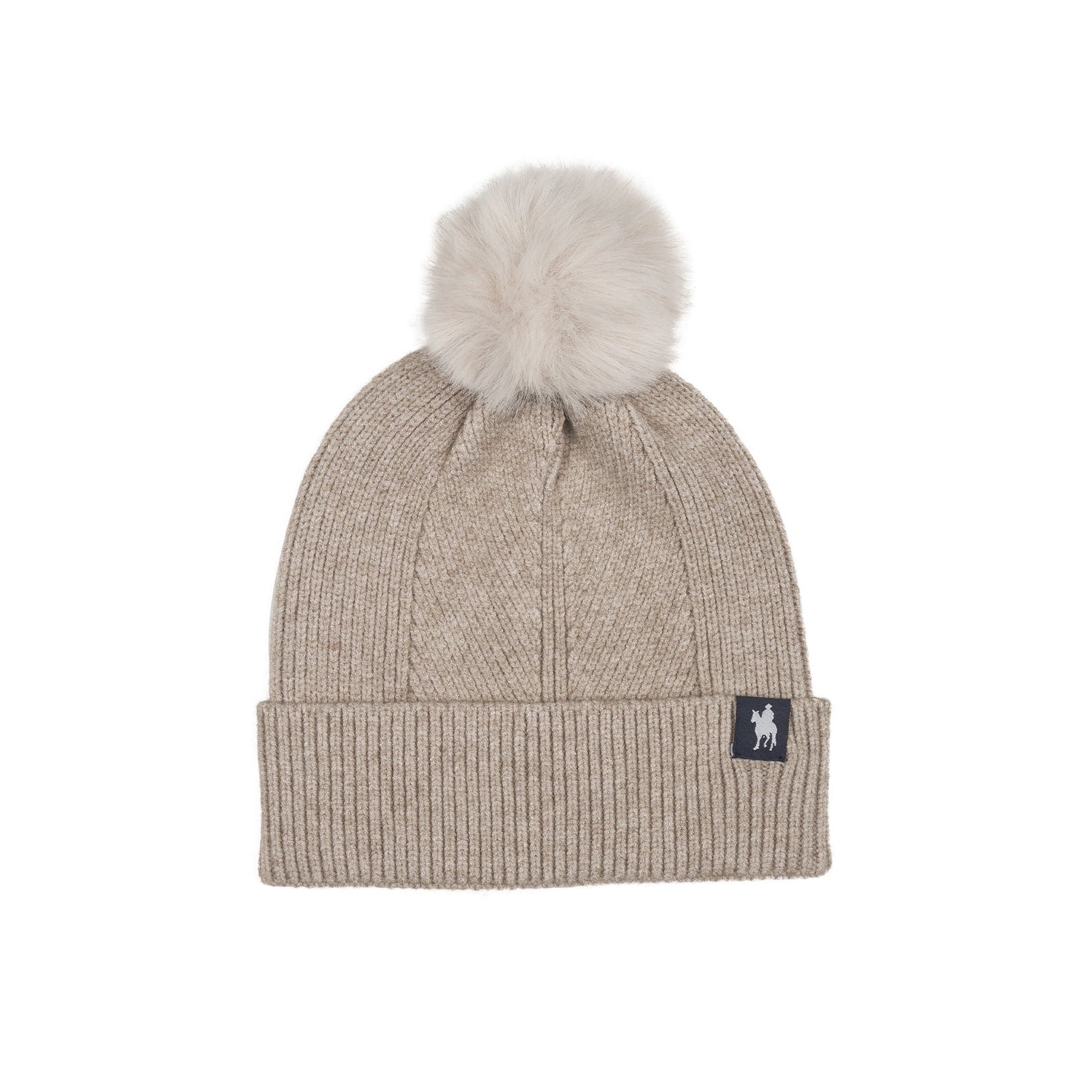 Beige knit beanie with a fur pom-pom on a white background