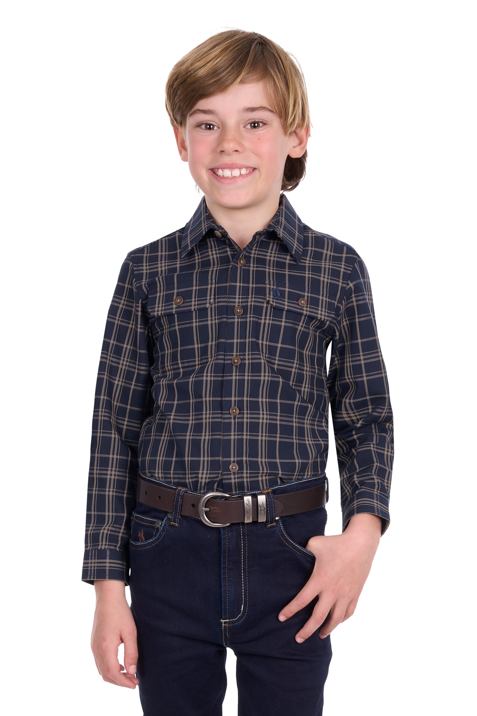 Child wearing a plaid shirt and dark pants on a white background