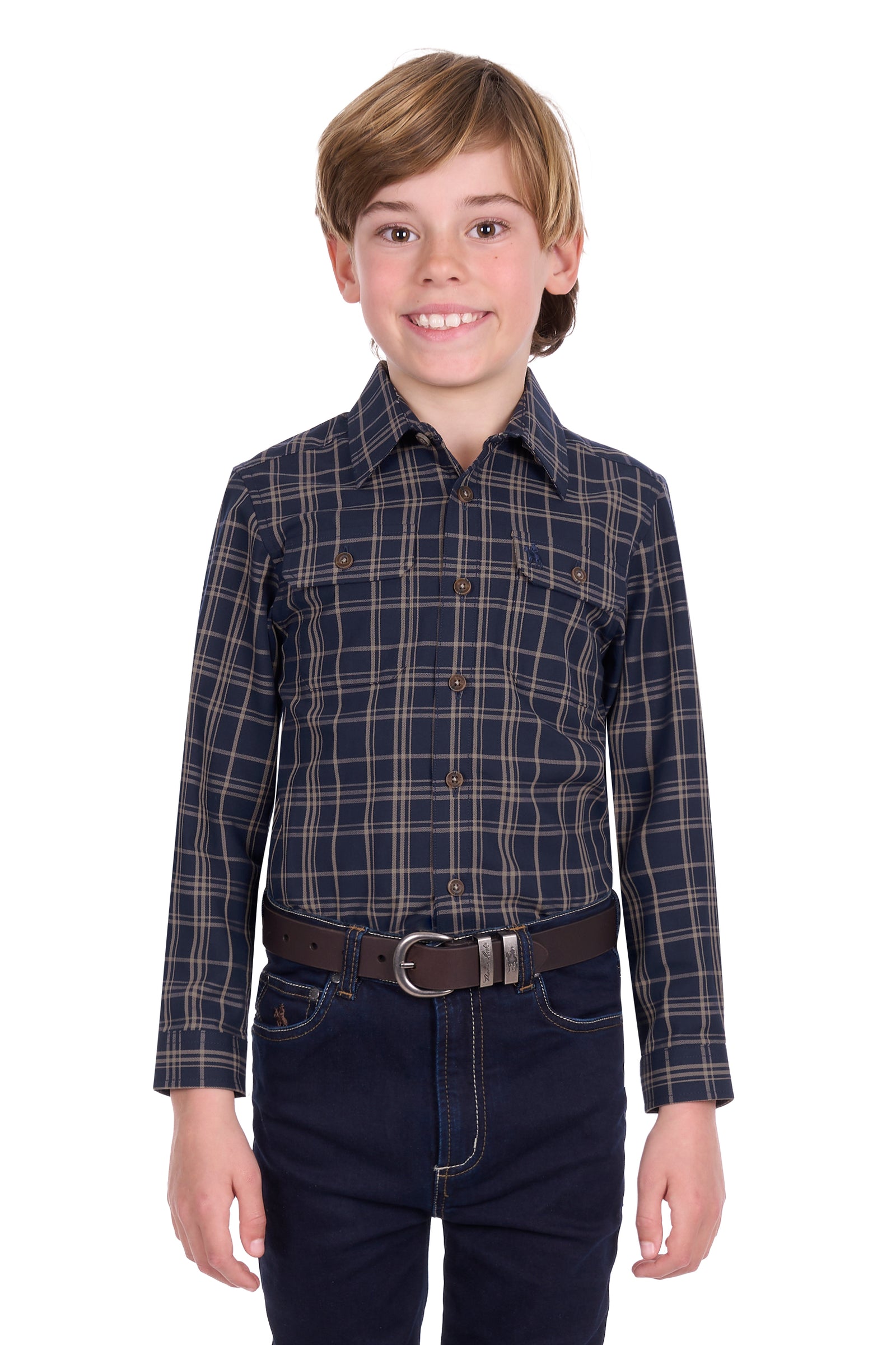 Child wearing a plaid shirt and dark pants on a white background