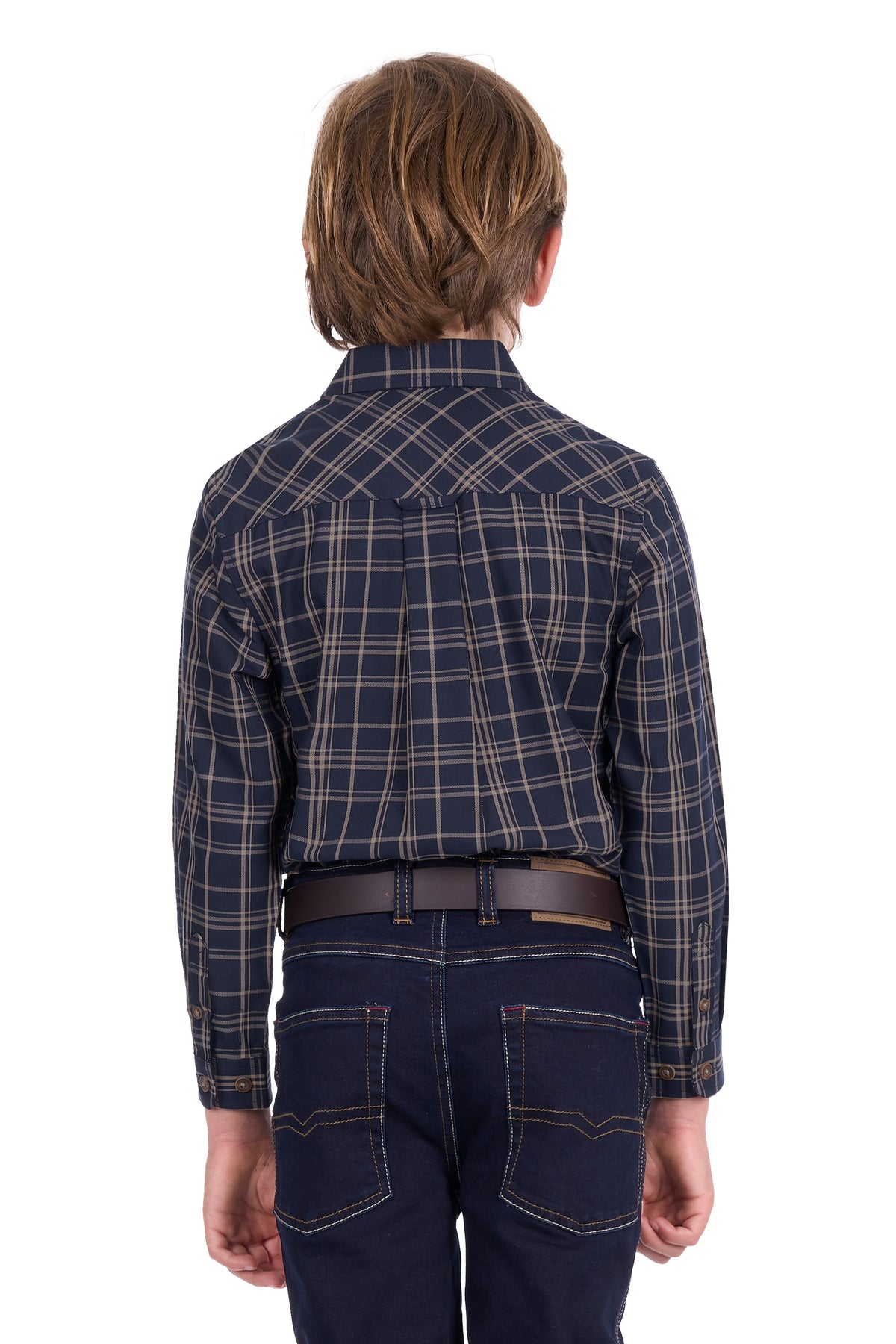 Person wearing a blue plaid shirt and dark pants on a white background