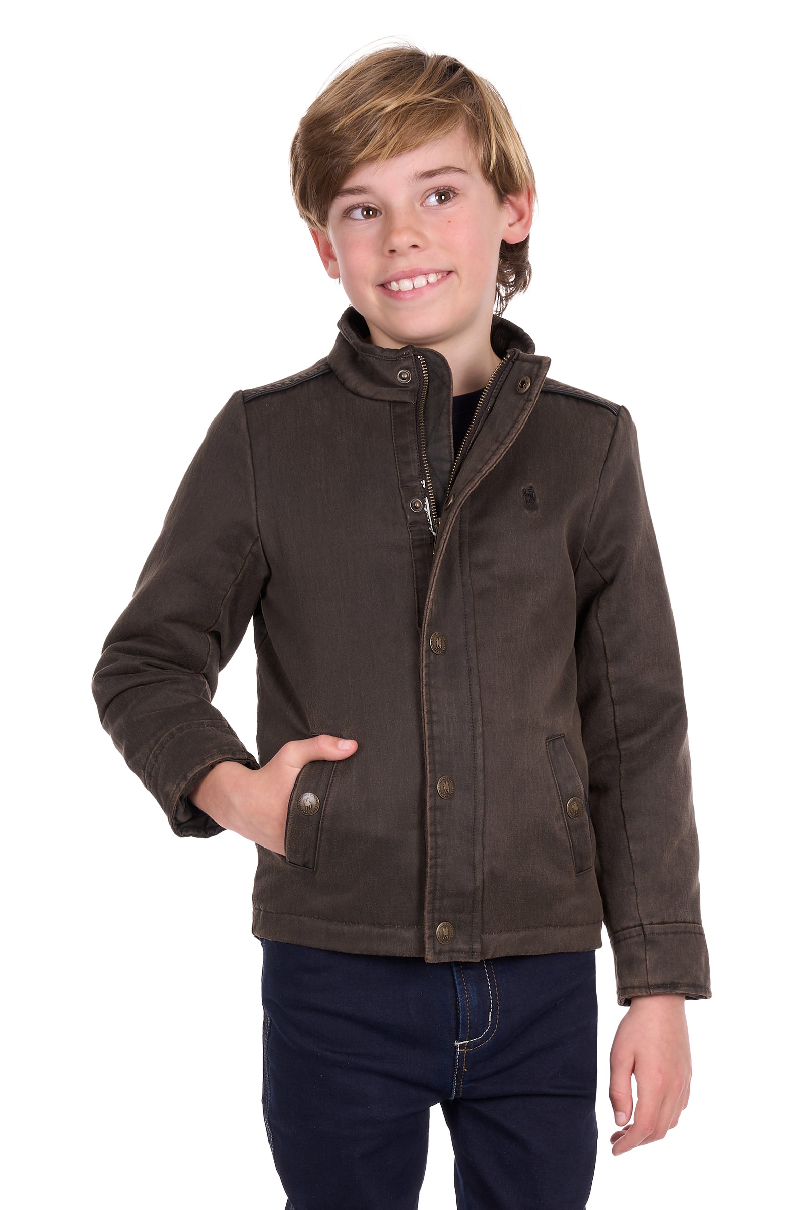 Child wearing a brown jacket on a white background