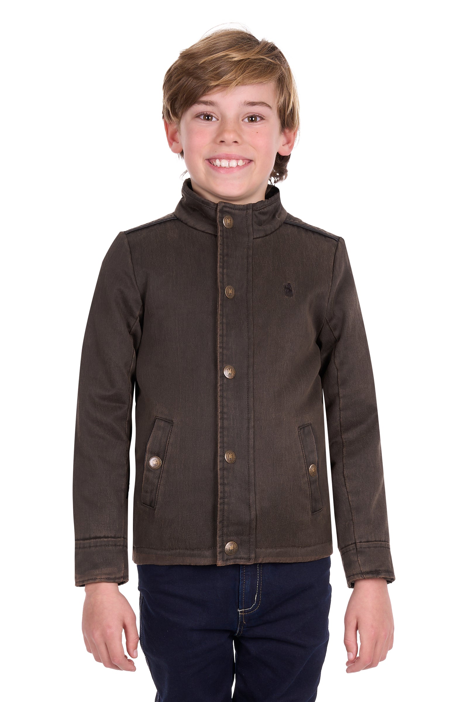 Child wearing a brown jacket on a white background