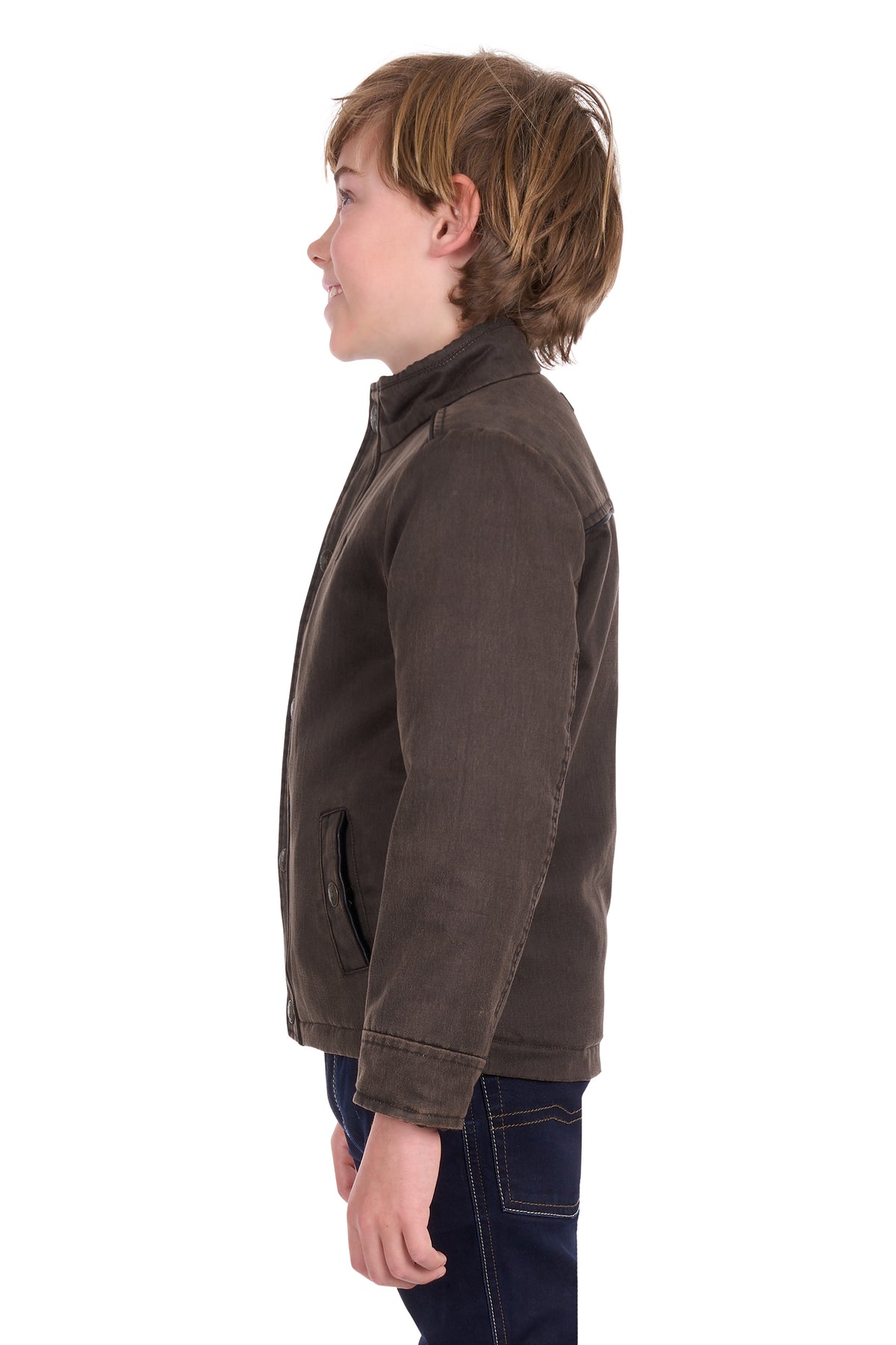 Child wearing a brown jacket on a white background
