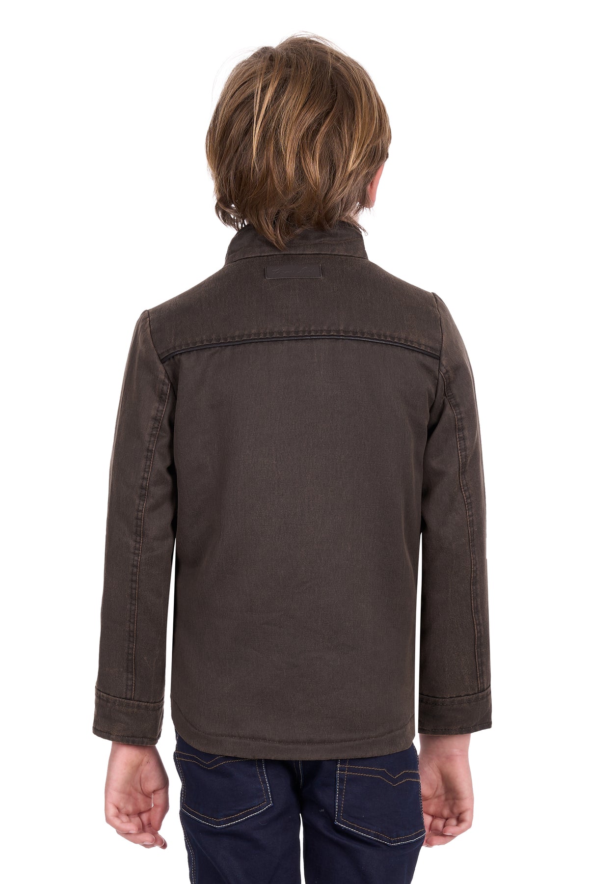 Back view of a child wearing a brown jacket on a white background