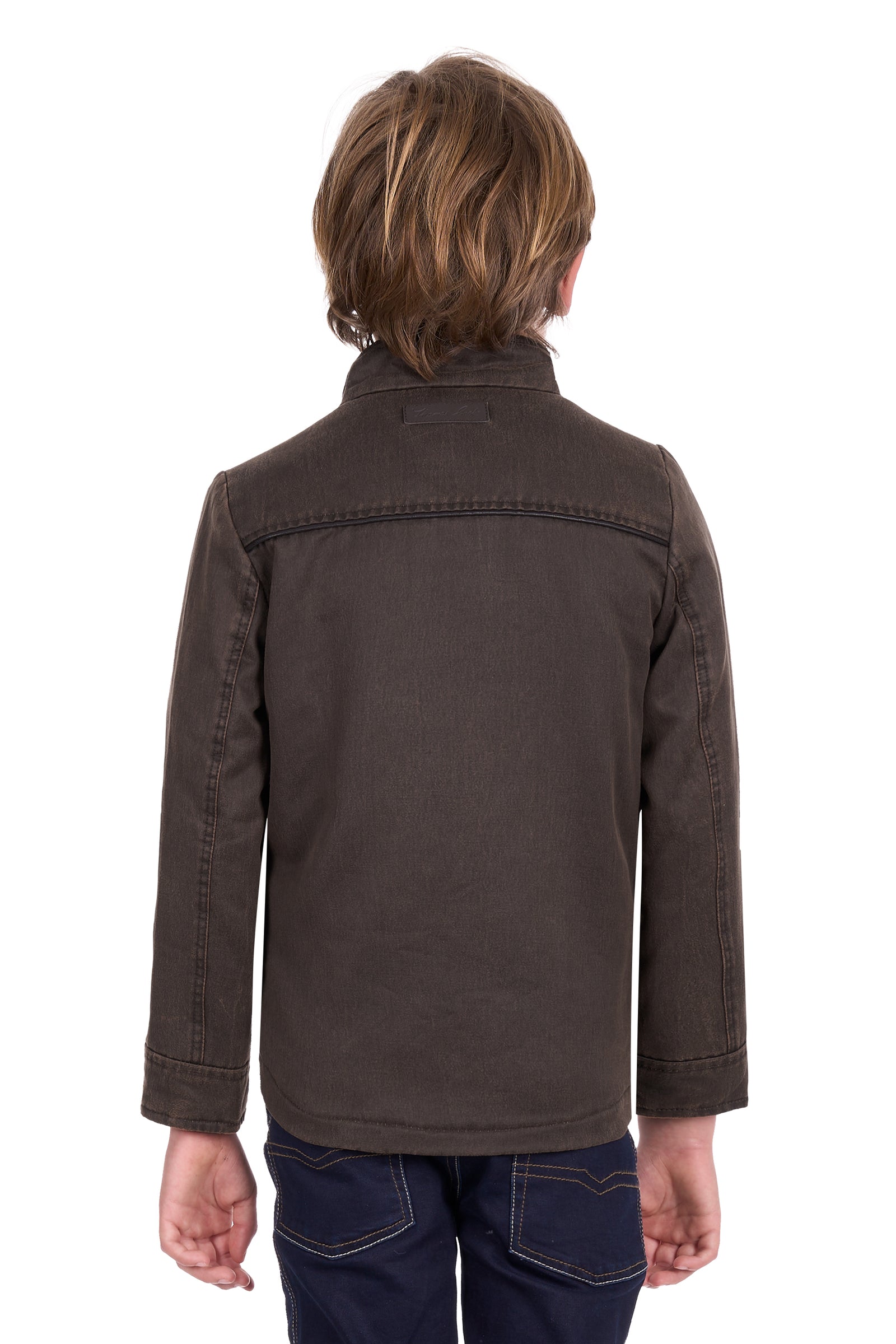 Back view of a child wearing a brown jacket on a white background