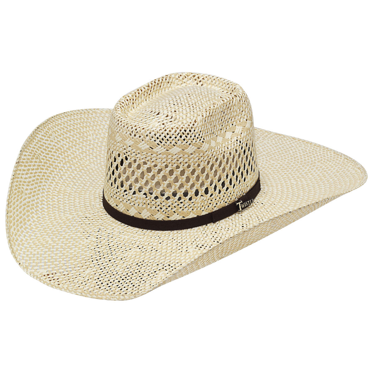 Twister 5" Brim Bangora Straw Cowboy Hat. A beige straw cowboy hat with a brown band and a twisted brim.
