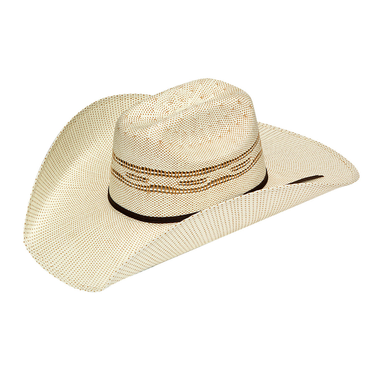 Twister Bangora 4 1/4" Brim Straw Cowboy Hat. A beige cowboy hat with a tan crown and a chocolate band, designed by M & F Western Products.