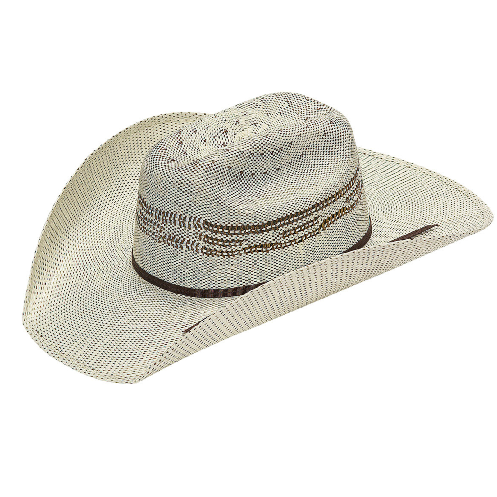 TwisterBangora Kids Straw Cowboy Hat. Beige cowboy hat with a brown band on a white background