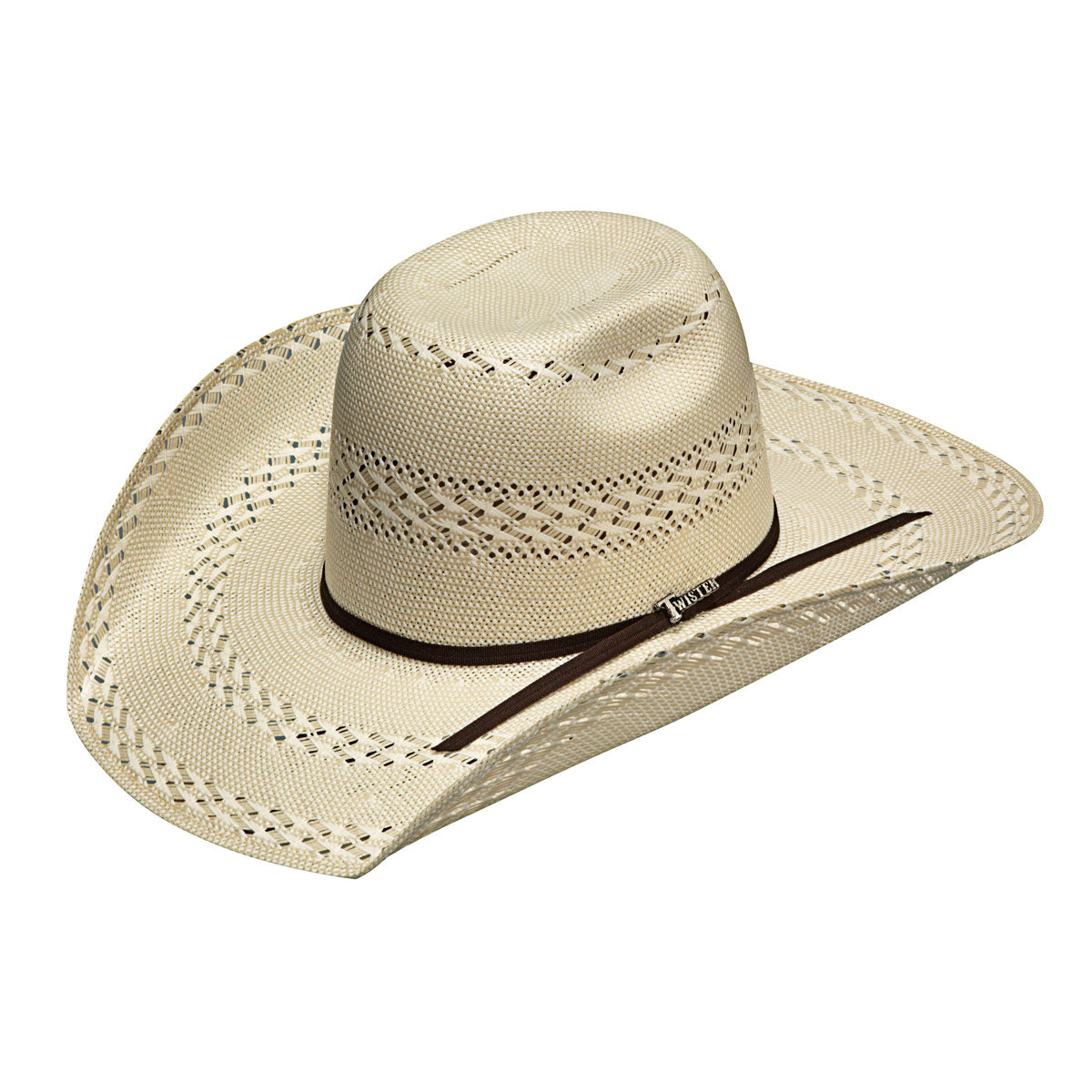Twister 20X Shantung Straw Cowboy Hat. A beige cowboy hat with a chocolate brown band and leather sweatband, handcrafted from premium materials.