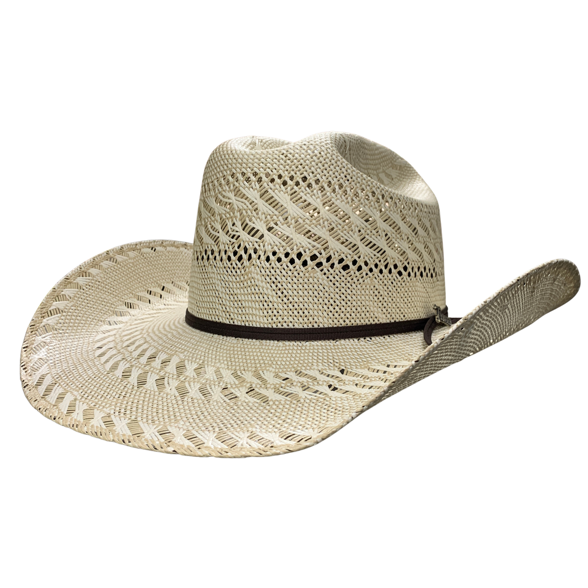 Beige straw hat with a black band on a white background