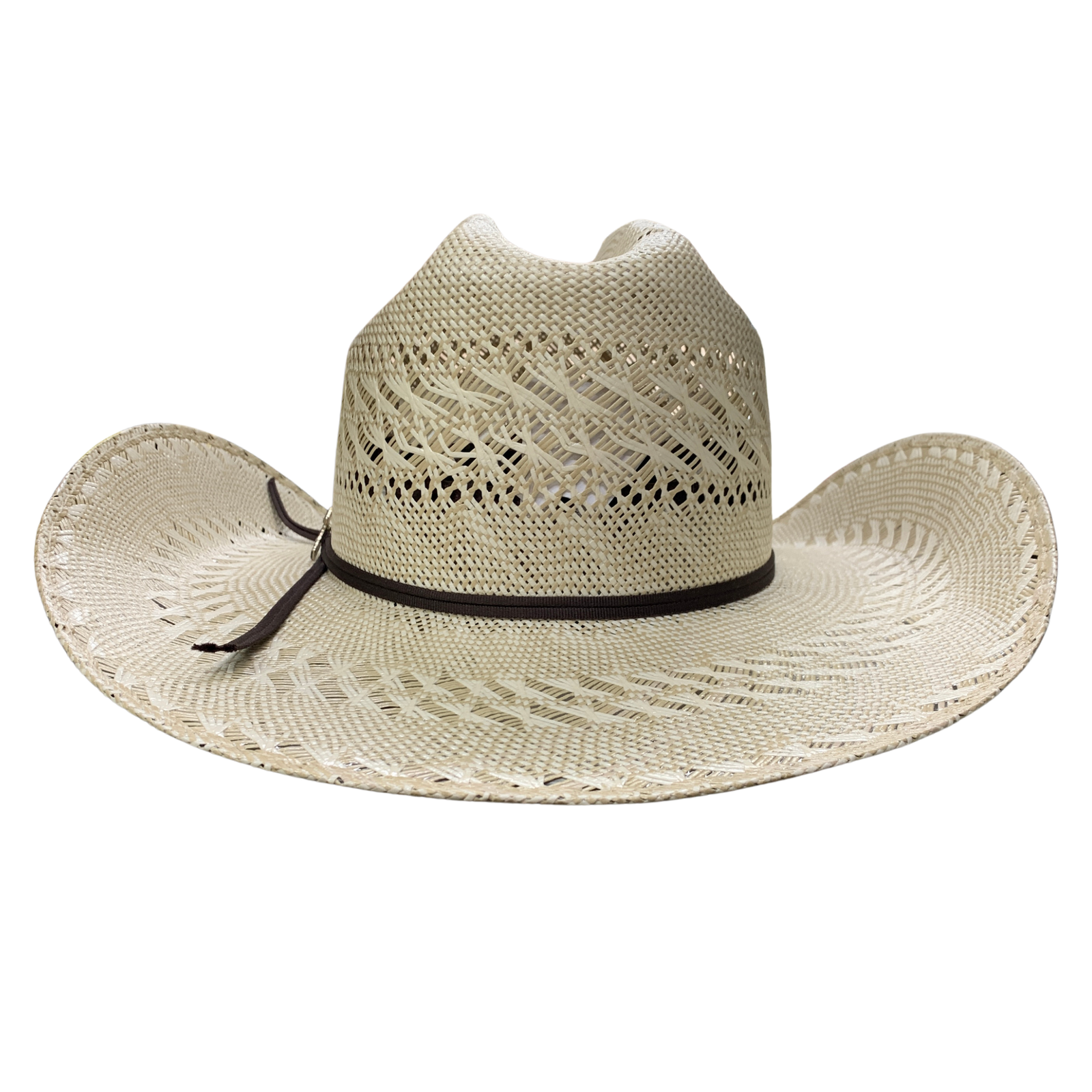 Beige cowboy hat with a black band on a white background