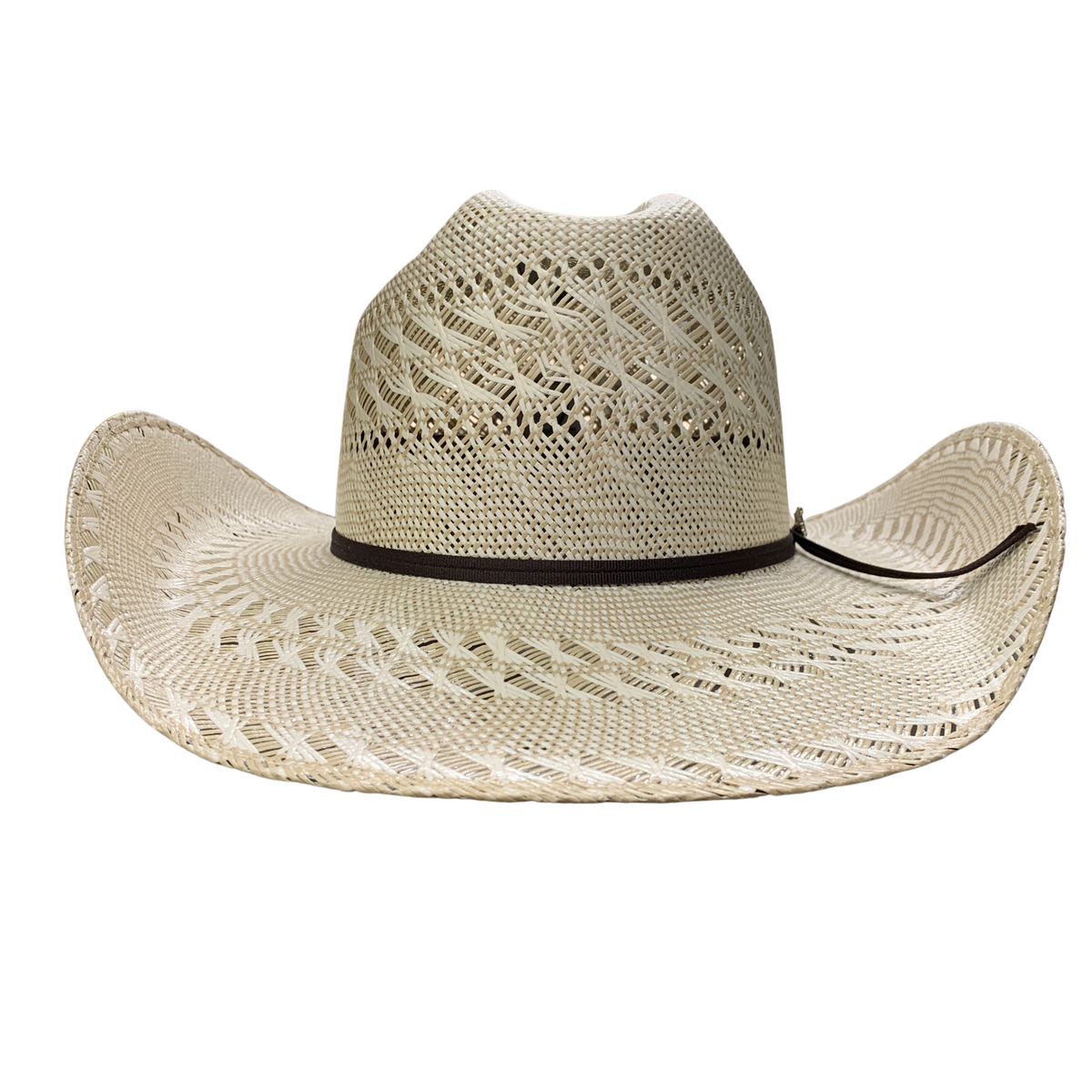 Beige cowboy hat with a black band on a white background