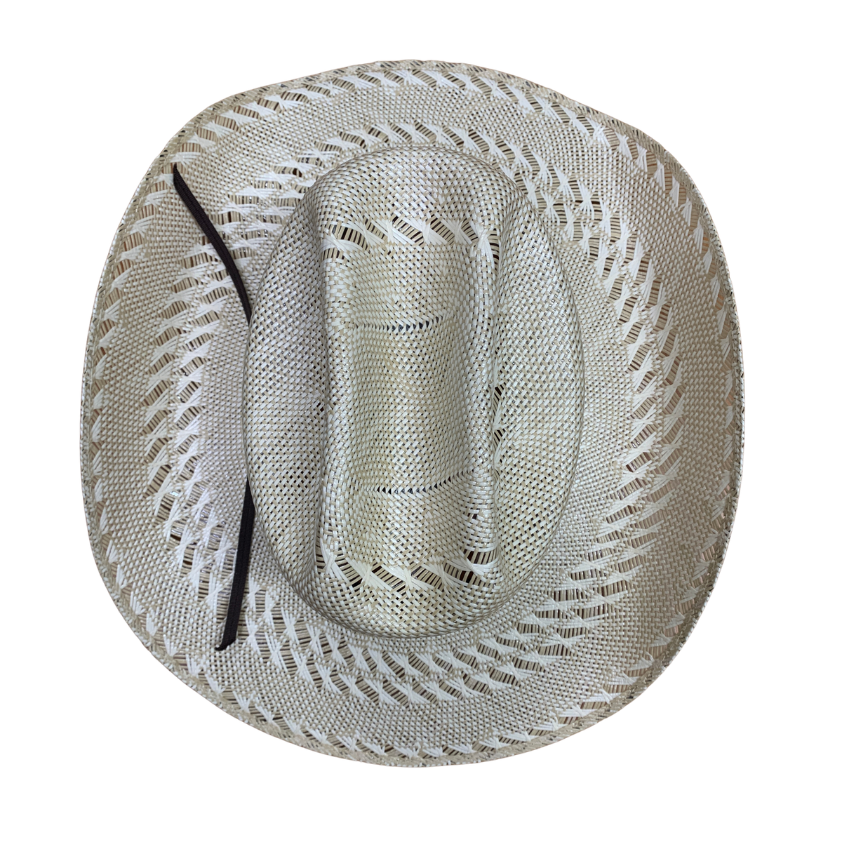 White straw cowboy hat with black band on a white background