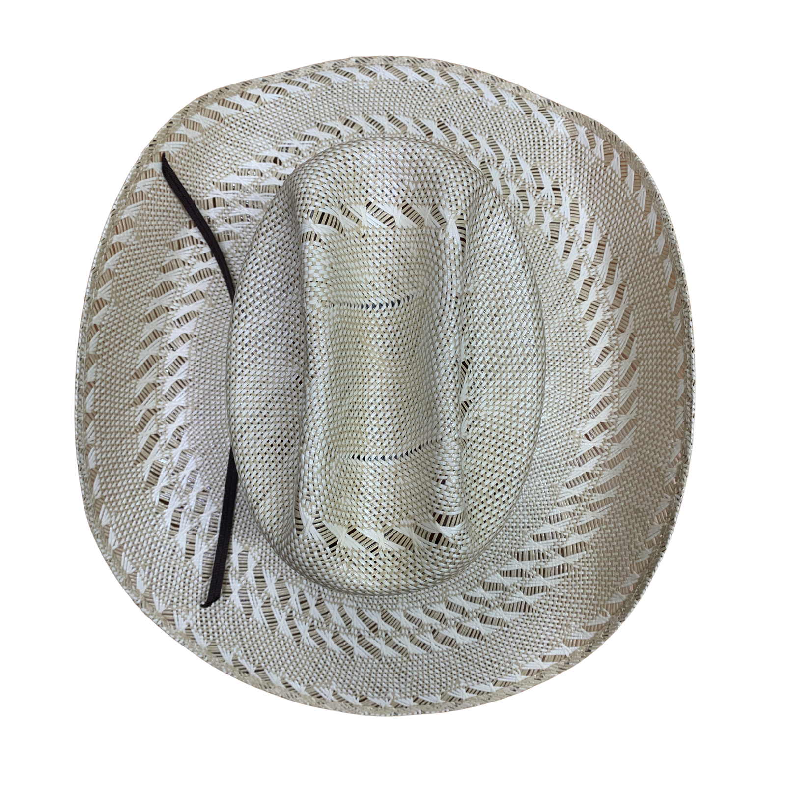 White straw cowboy hat with black band on a white background