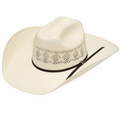 Twister 30X Shantung Straw Cowboy Hat. A white Twister 30X Shantung straw cowboy hat with a black cord chocolate band and a genuine goat leather sweatband.