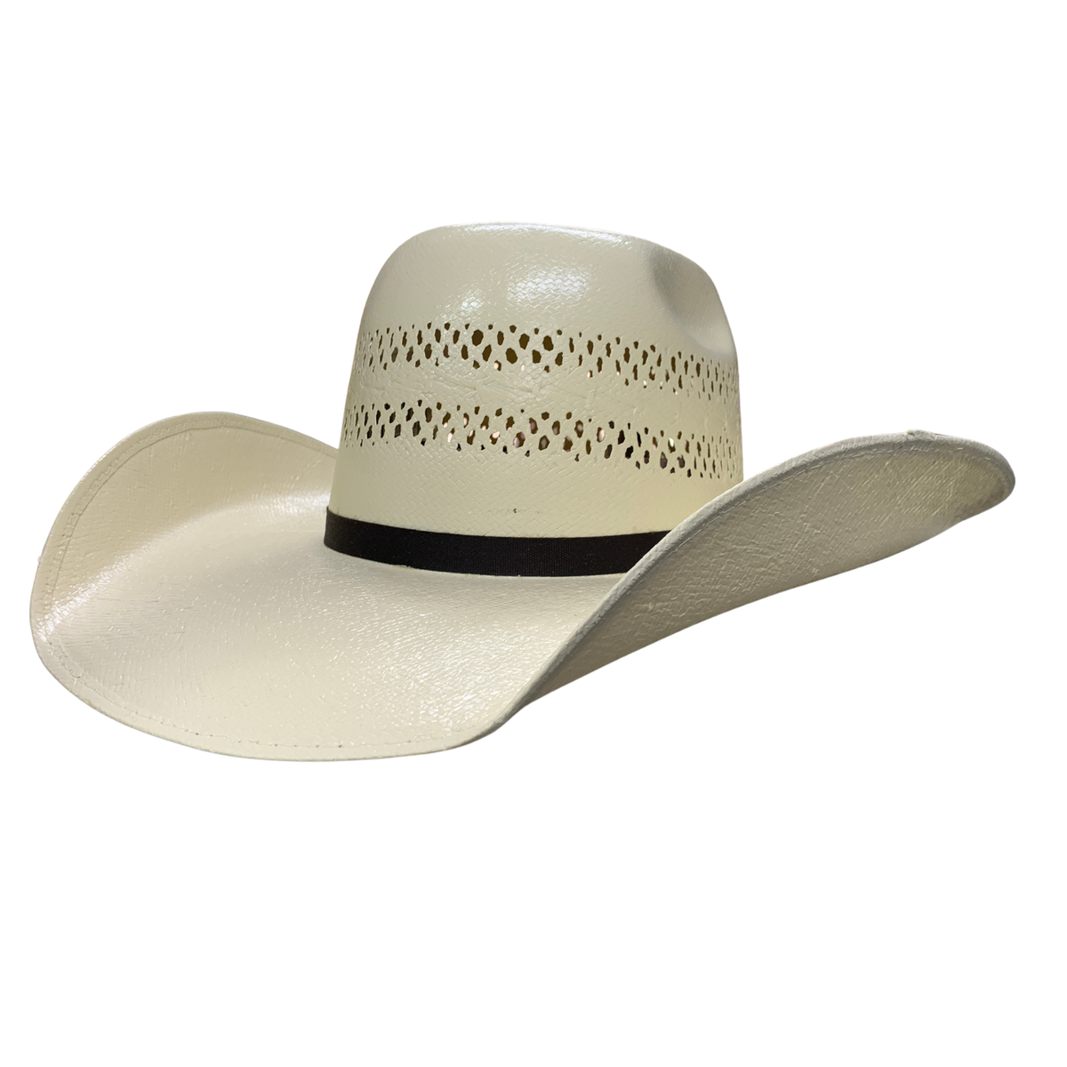 Beige cowboy hat with a black band on a white background