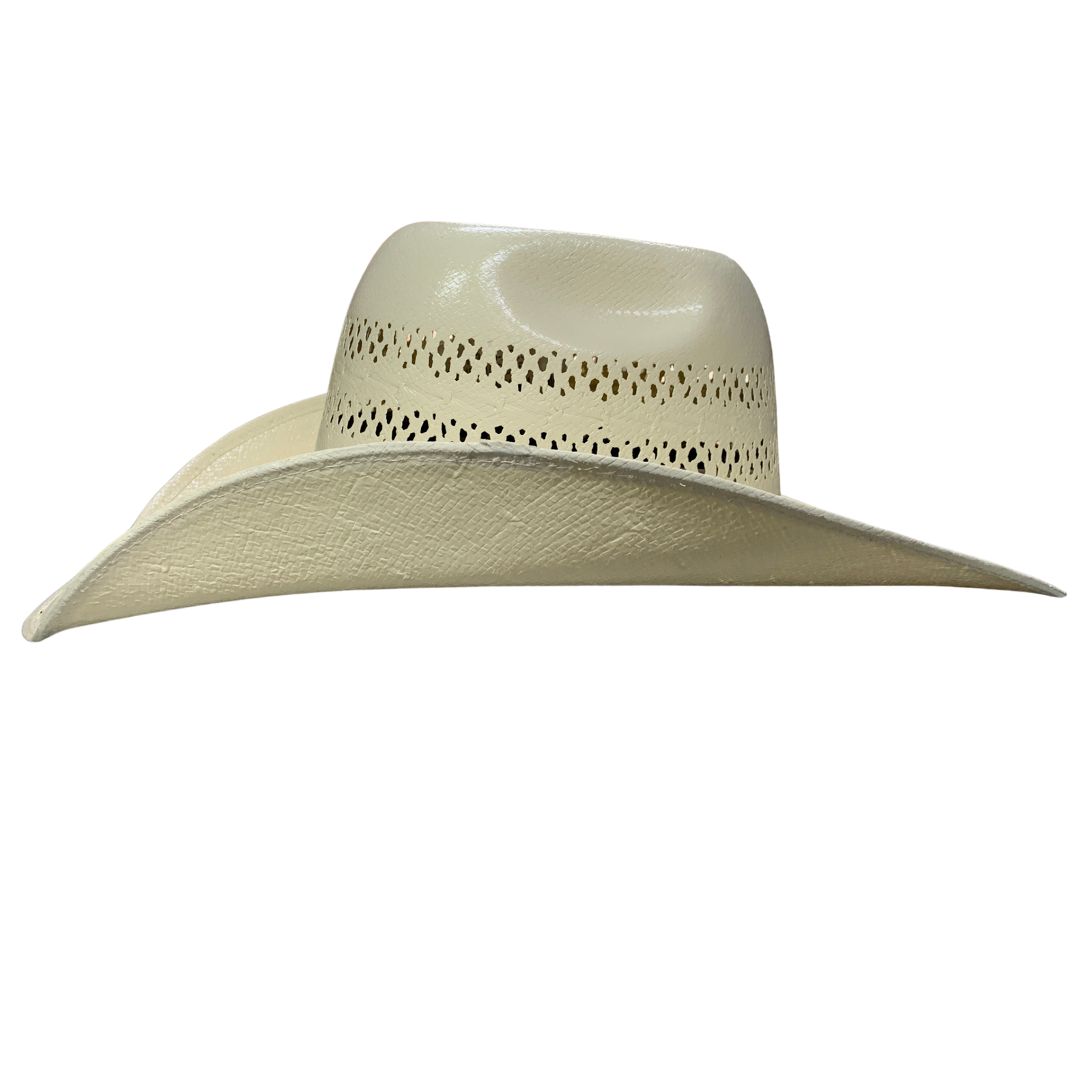 Beige cowboy hat with perforated design on a white background