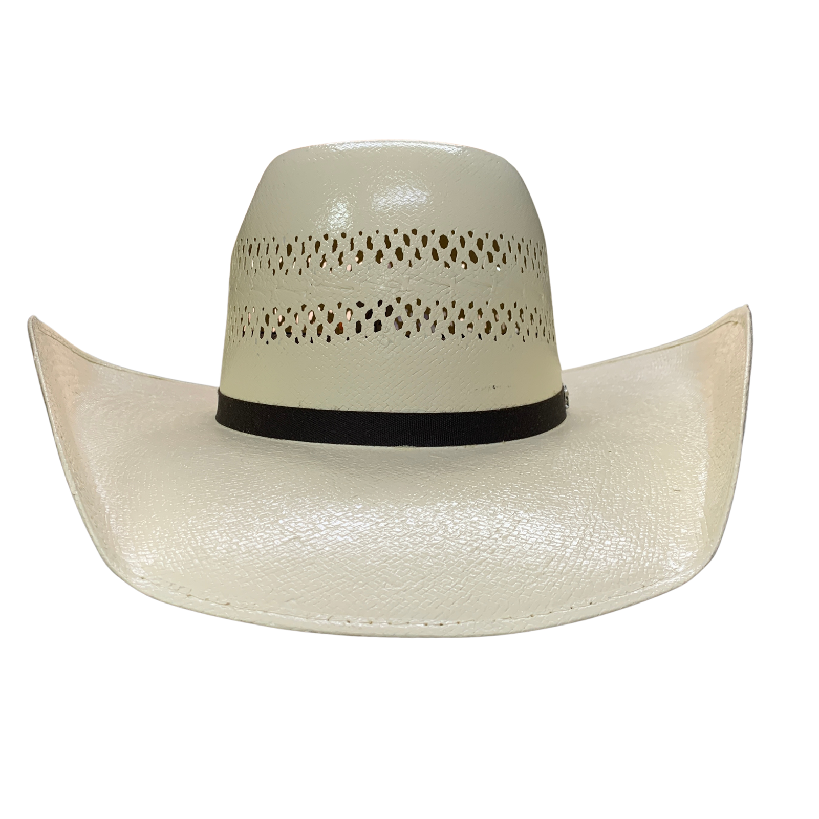 White cowboy hat with a black band on a white background