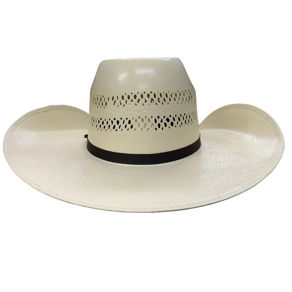 Beige cowboy hat with a wide brim and perforated design on a white background