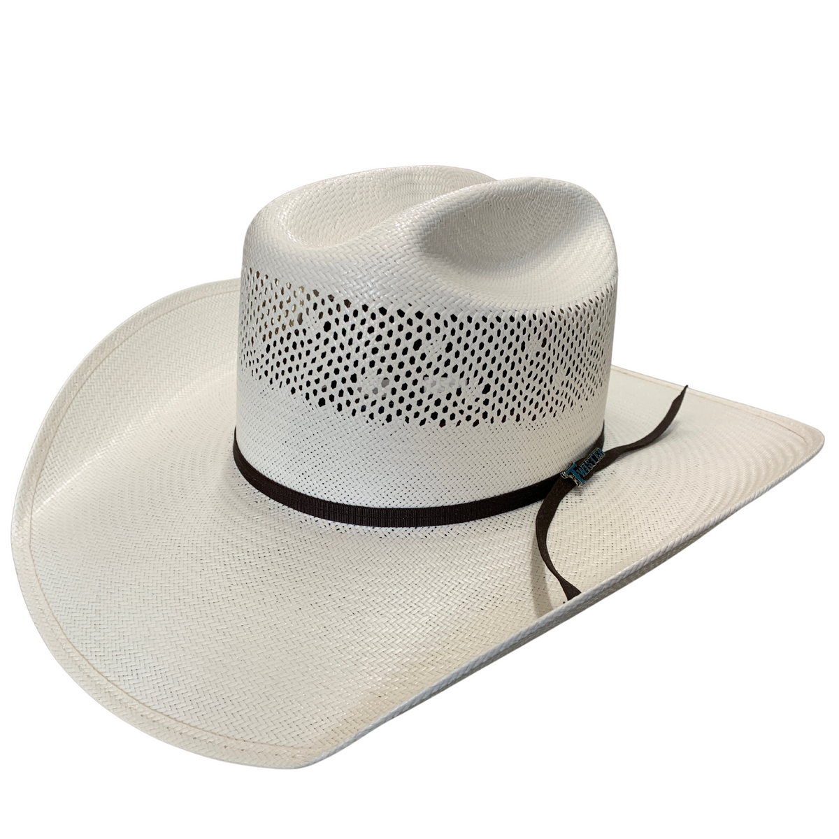 Twister 30X Shantung Straw Cowboy Hat. White cowboy hat with a black band on a white background