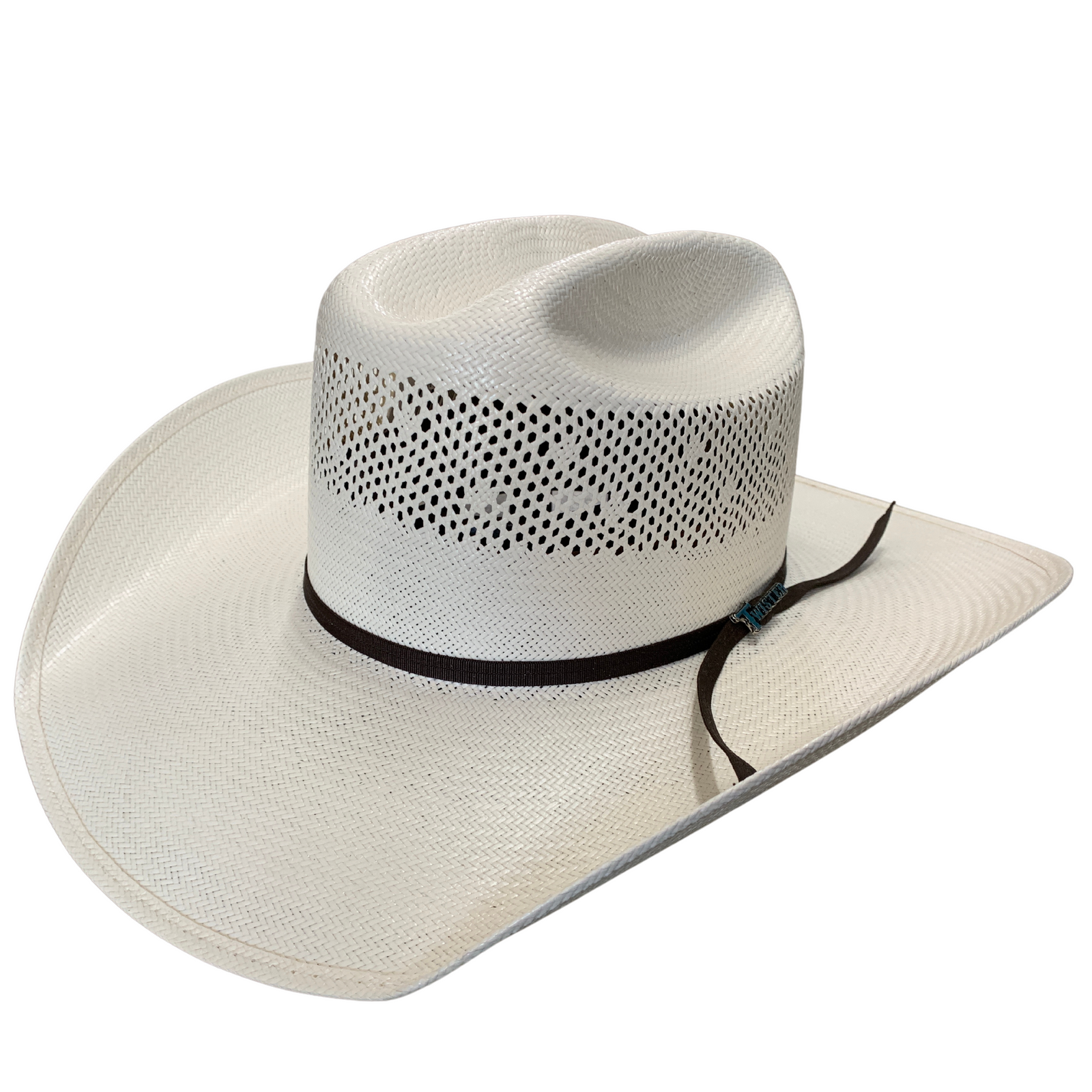 Twister 30X Shantung Straw Cowboy Hat. White cowboy hat with a black band on a white background