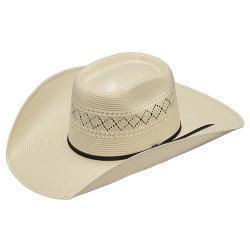 Twister 20X Shantung Straw Cowboy Hat. A beige cowboy hat with a 2 cord brown band and a Twister hat pin, labeled as Twister 20X Shantung Straw Cowboy Hat.