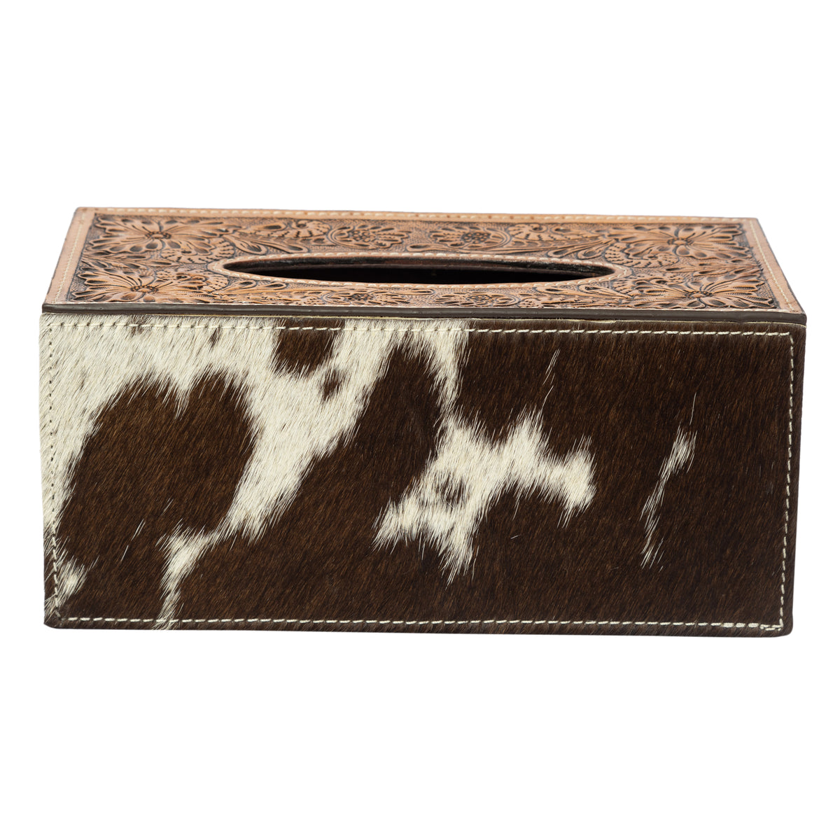 Tissue box cover with cowhide pattern and decorative top