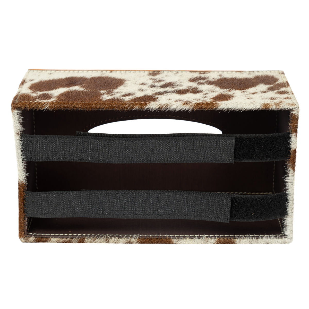 Rectangular box with cowhide leather top and black sides on a white background