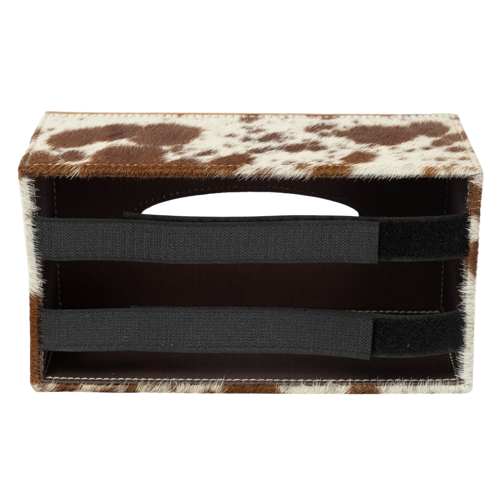 Rectangular box with cowhide leather top and black sides on a white background