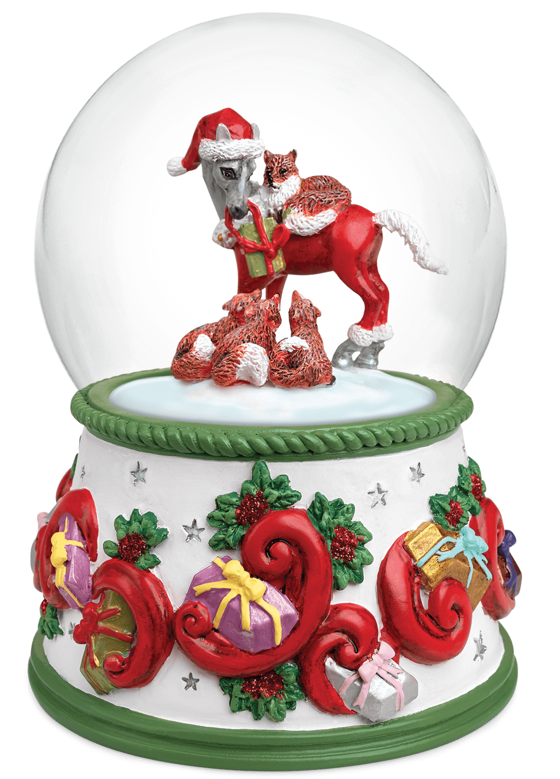 Breyer Foal & Foxy Forest Friends Snow Globe. A decorative snow globe featuring a plastic foal and fox cubs figure, with Christmas-themed decorations and a festive scene.